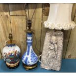 Three various table lamps; Chinese peacock design lamp base, Asian Blue and white design lamp with