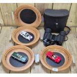 Tray of collectables; Pathescope 10x50 binoculars, four church collection bowls and three Corgi