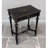 A French ebonised and brass inlaid work table, 19th century, the hinged top inlaid with a central