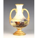 A Royal Worcester vase, early 20th century, the body painted by Harry Stinton with highland cattle