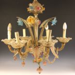 An early 20th century Italian glass chandelier, possibly Murano, the six branch chandelier