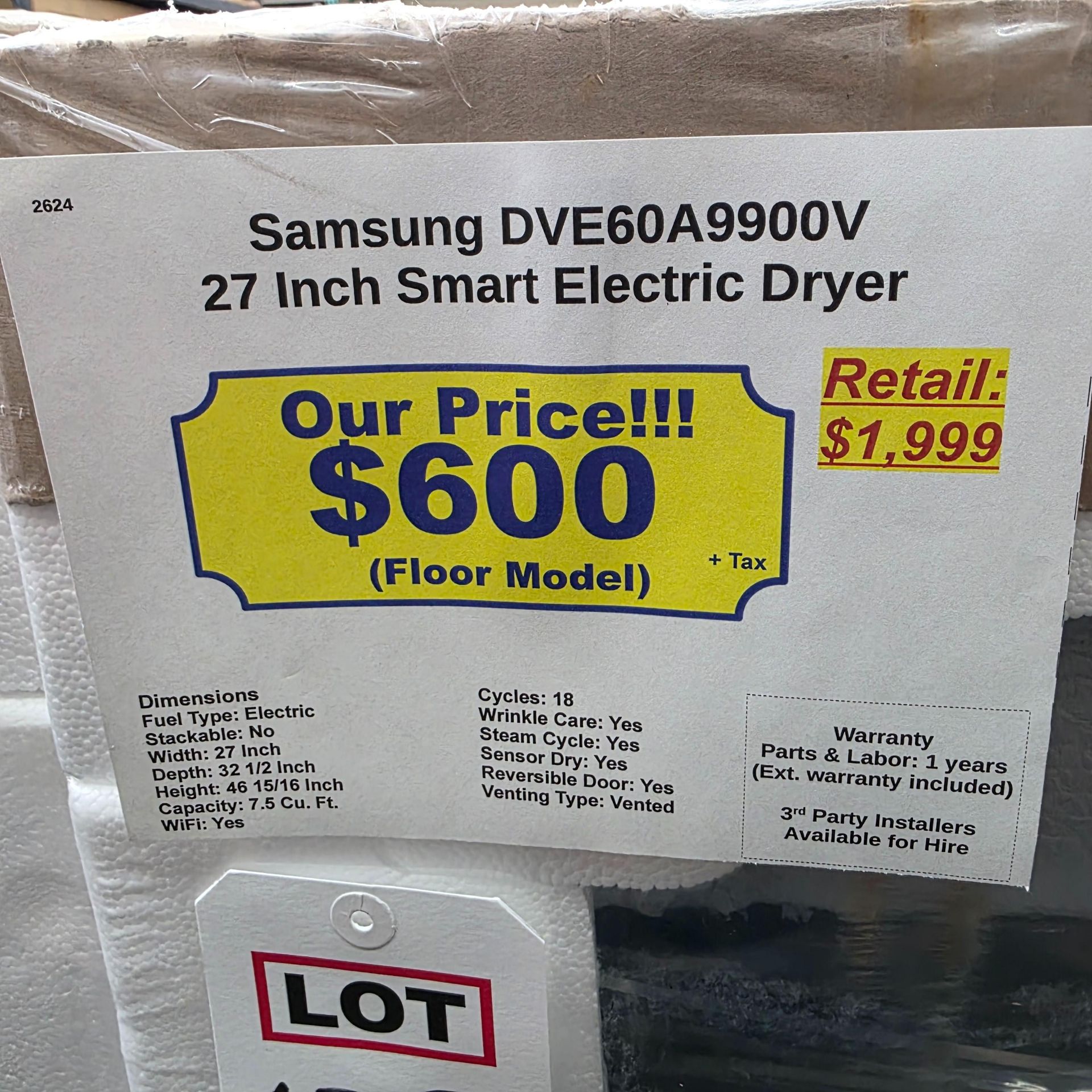 SAMSUNG 27" SMART 7.5 CU. FT. ELECTRIC DRYER IN BLACK, MODEL DVE60A9900V, UNOPENED FACTORY - Image 3 of 3