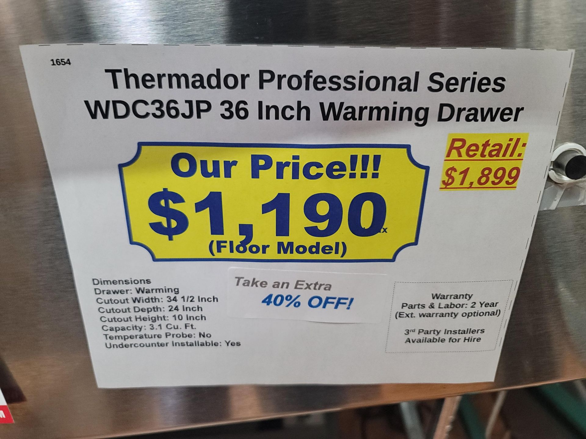 THERMADOR PROFESSIONAL SERIES 36" WARMING DRAWER, MODEL WDC36JP - Image 2 of 2