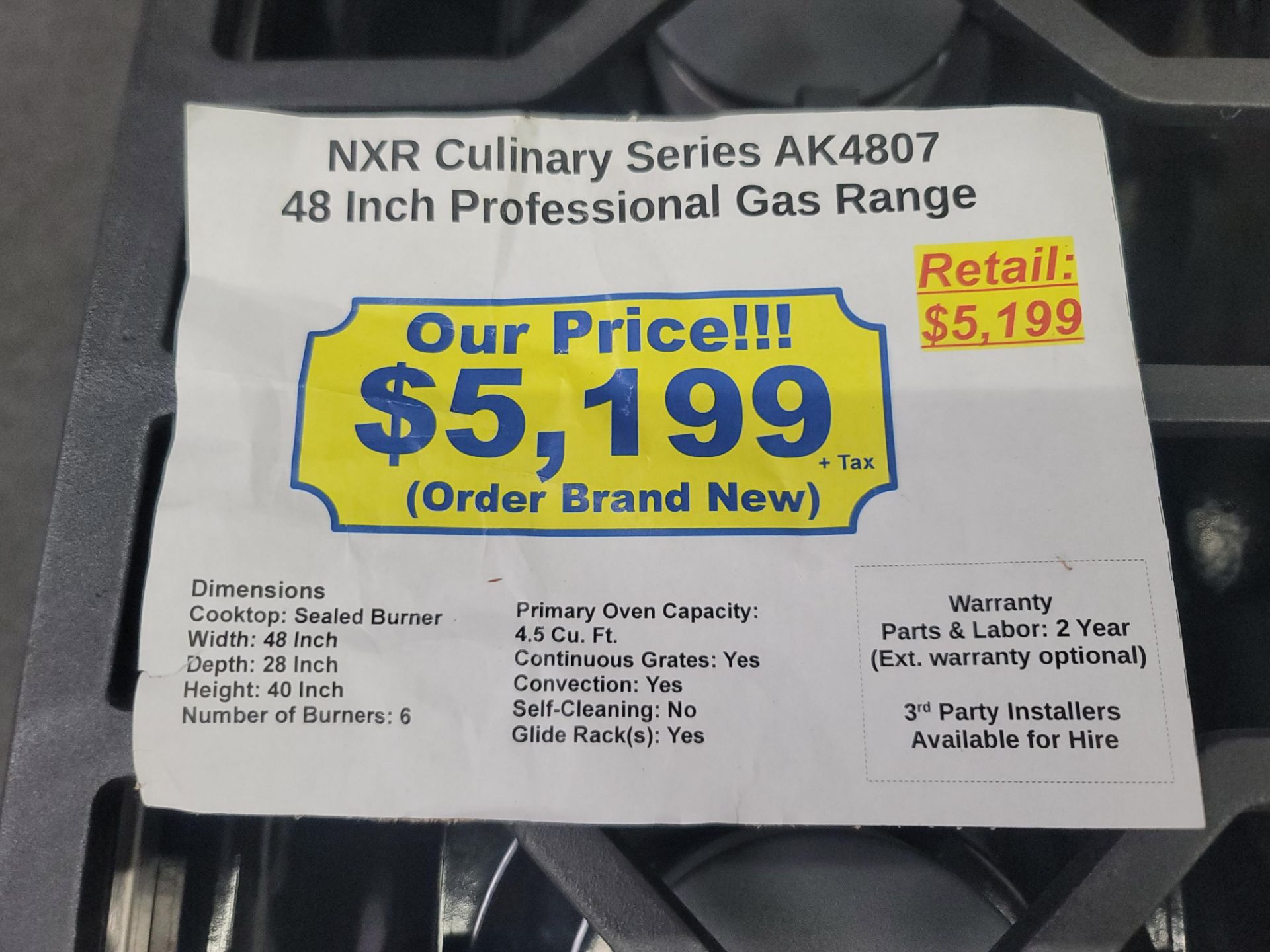 NXR CULINARY SERIES 48" PROFESSIONAL GAS RANGE W/ (6) BURNERS AND 4.5 CU. FT. OVEN CAPACITY IN - Image 5 of 5