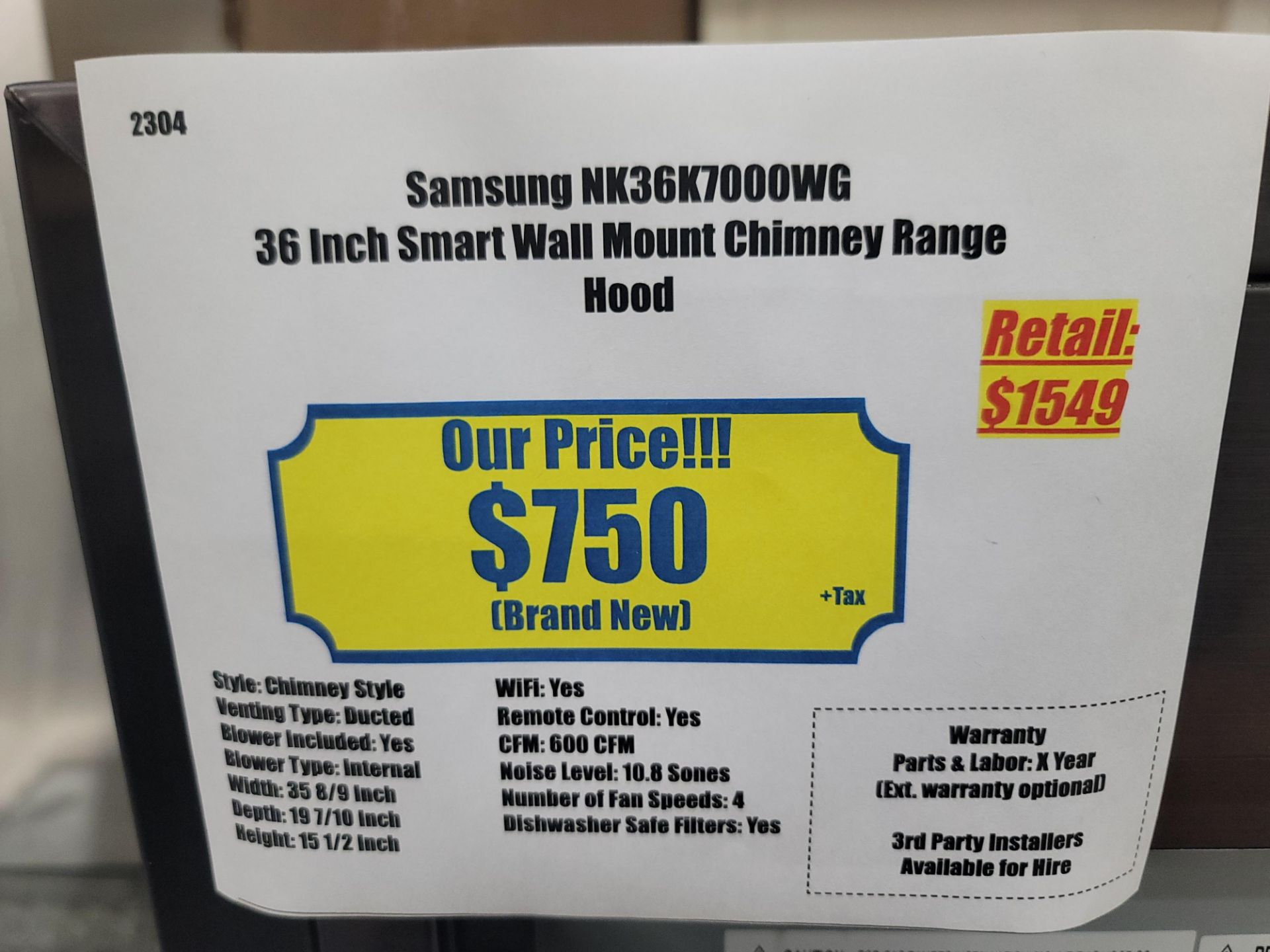 SAMSUNG 36" SMART WALL MOUNT CHIMNEY RANGE HOOD IN BLACK STAINLESS STEEL, MODEL NK36K7000WG - Image 3 of 3