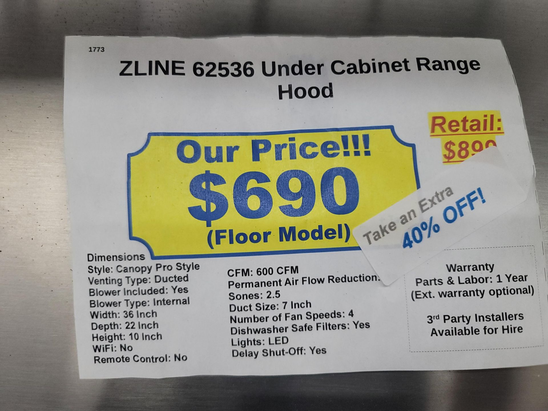 ZLINE 36" UNDER CABINET RANGE HOOD, MODEL 62536 - Image 2 of 2
