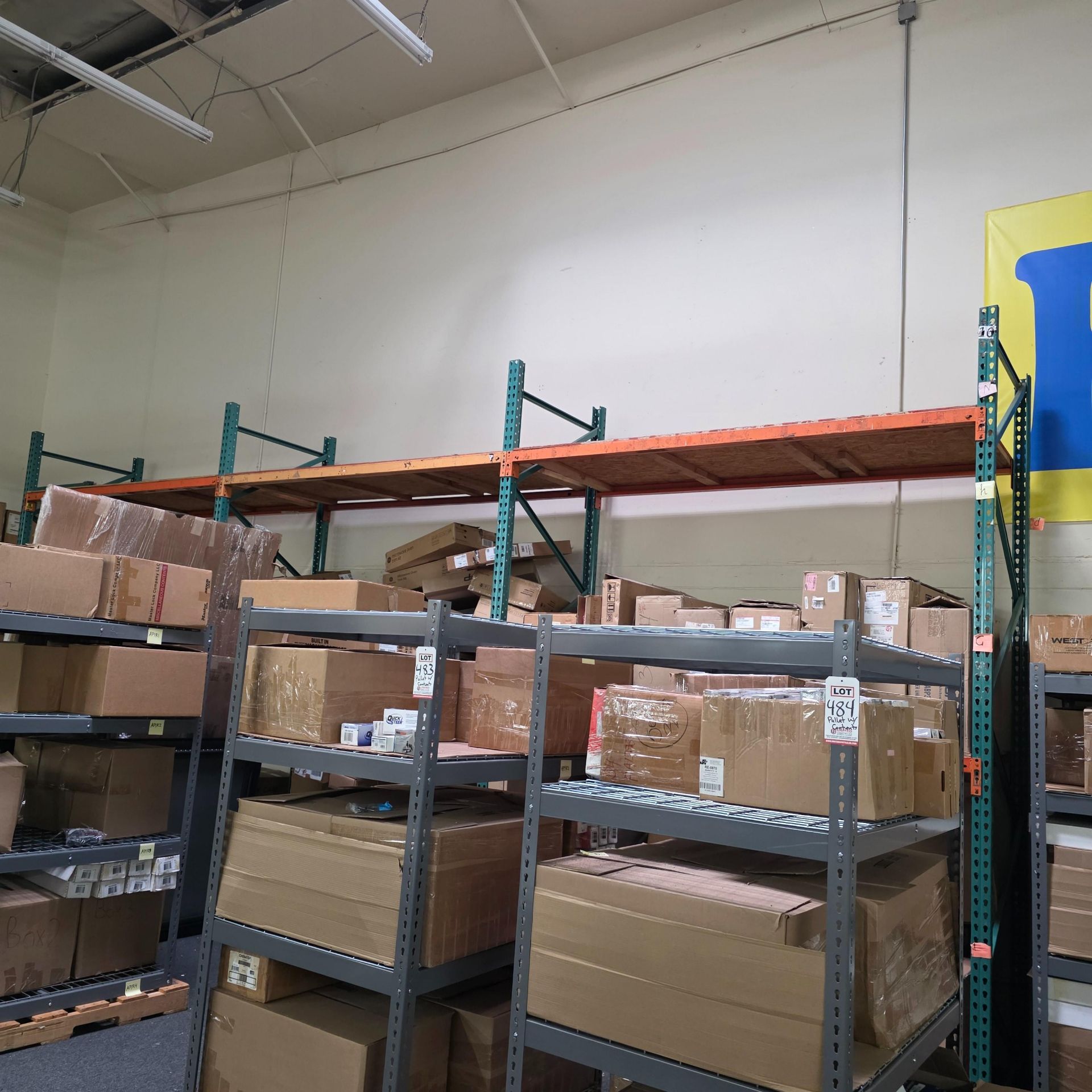 LOT - (3) 8' SECTIONS OF PALLET RACKING, APPROX. 8'-6" X 42" X 12" HT., PLYWOOD DECKING, CONTENTS - Image 3 of 3