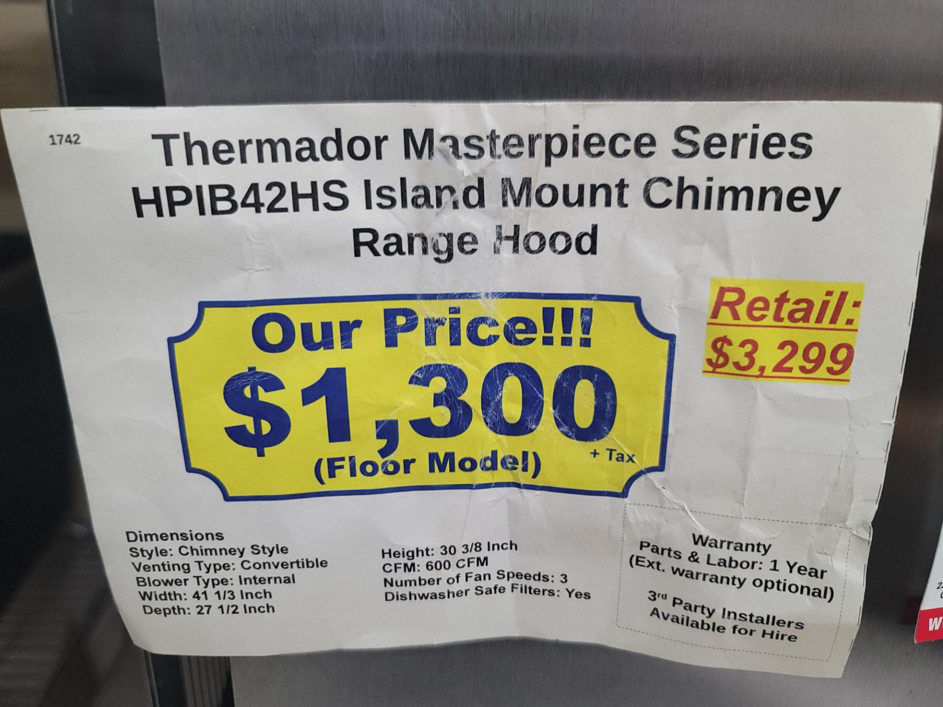 THERMADOR MASTERPIECE SERIES 42" ISLAND MOUNT CHIMNEY RANGE HOOD, 28" DEPTH, MODEL HPIB42HS - Image 2 of 2