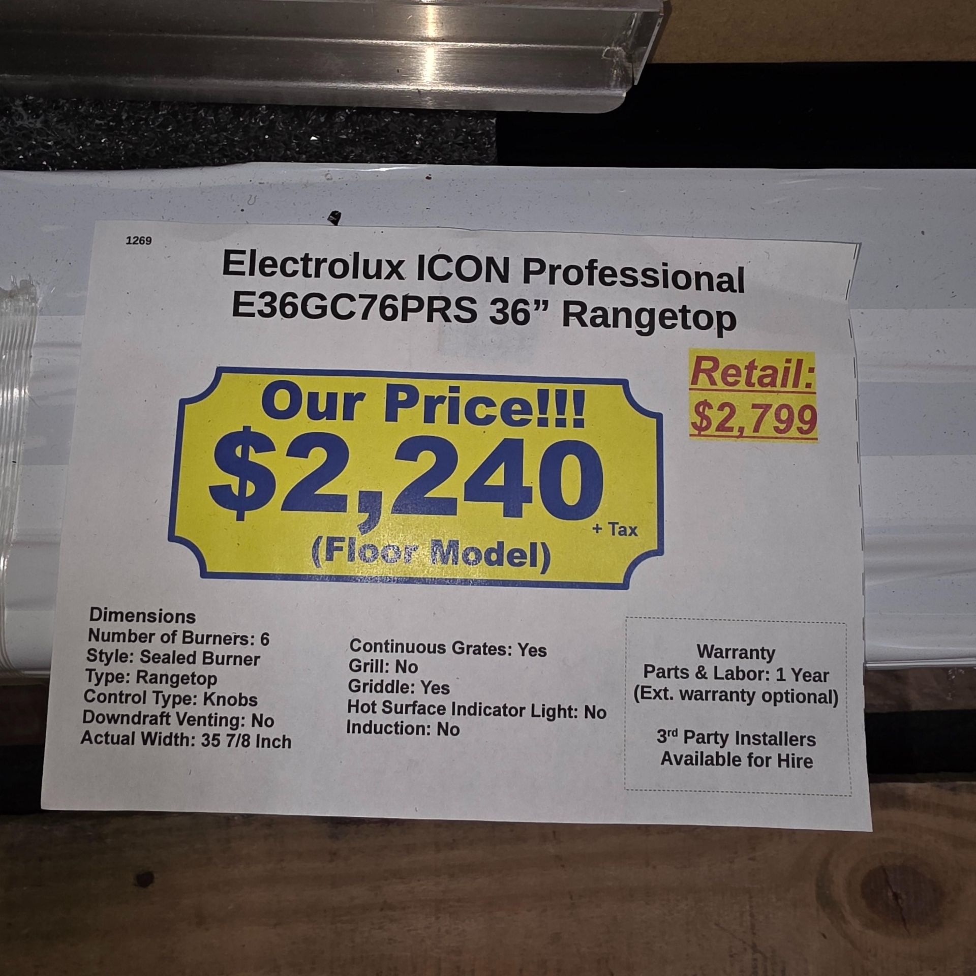 ELECTROLUX ICON PROFESSIONAL 36" GAS RANGETOP W/ (6) BURNERS IN STAINLESS STEEL, MODEL E36GC76PRS - Image 2 of 2