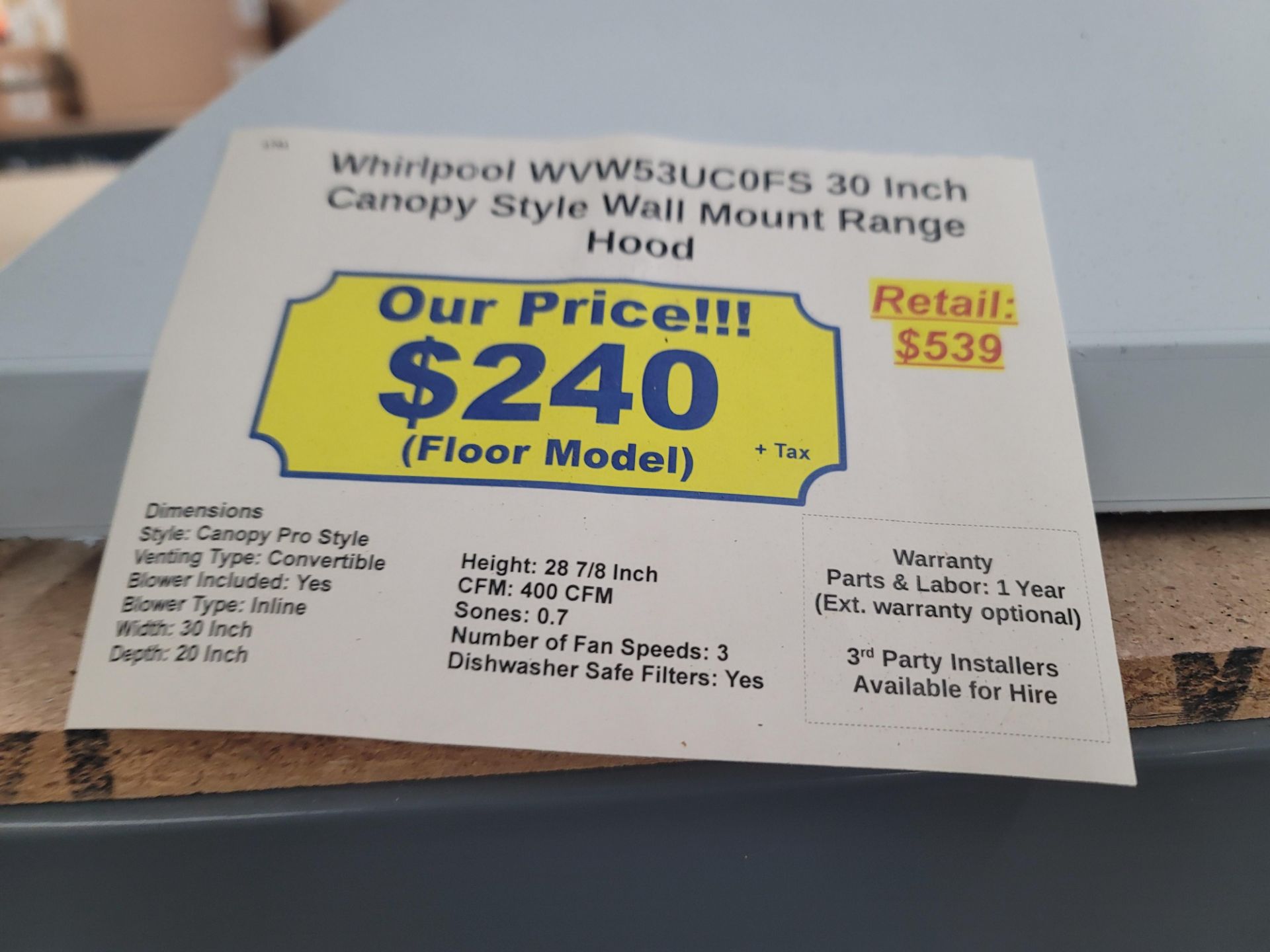 WHIRLPOOL 30" CANOPY STYLE WALL MOUNT RANGE HOOD, MODEL WVW53UC0FS - Image 2 of 2