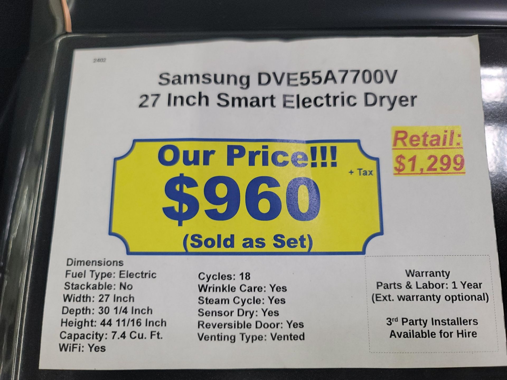 SAMSUNG 27" SMART ELECTRIC DRYER IN BLACK, 7.4 CU. FT. CAPACITY, MODEL DVE55A7700V - Image 3 of 3