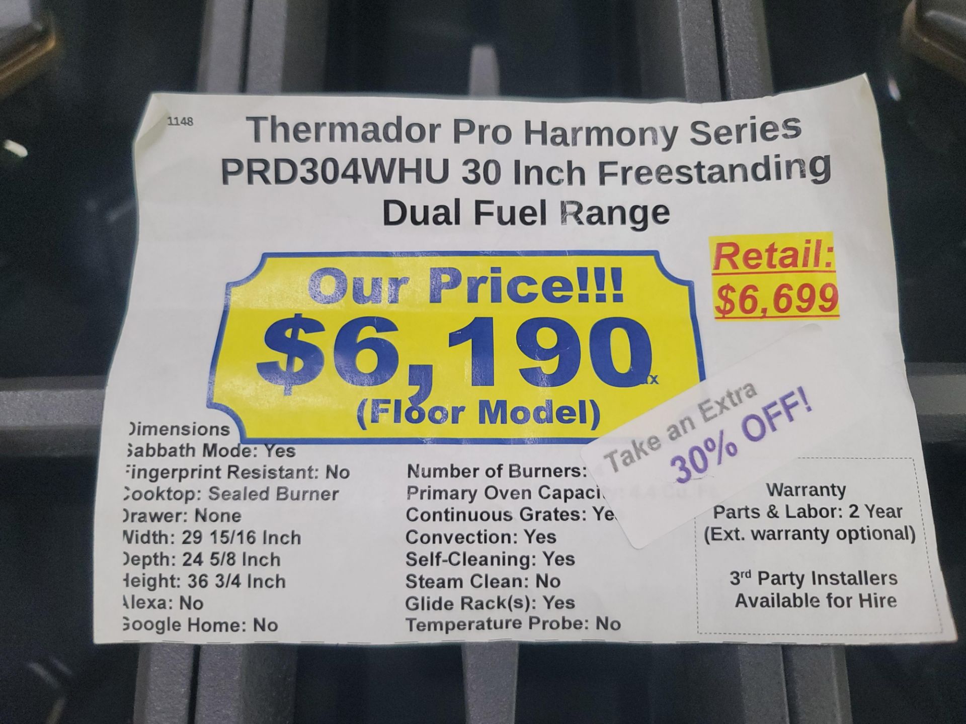 THERMADOR PRO HARMONY SERIES 30" FREESTANDING DUAL FUEL RANGE W/ (4) STAR GAS BURNERS AND 4.4 CU. - Image 5 of 5