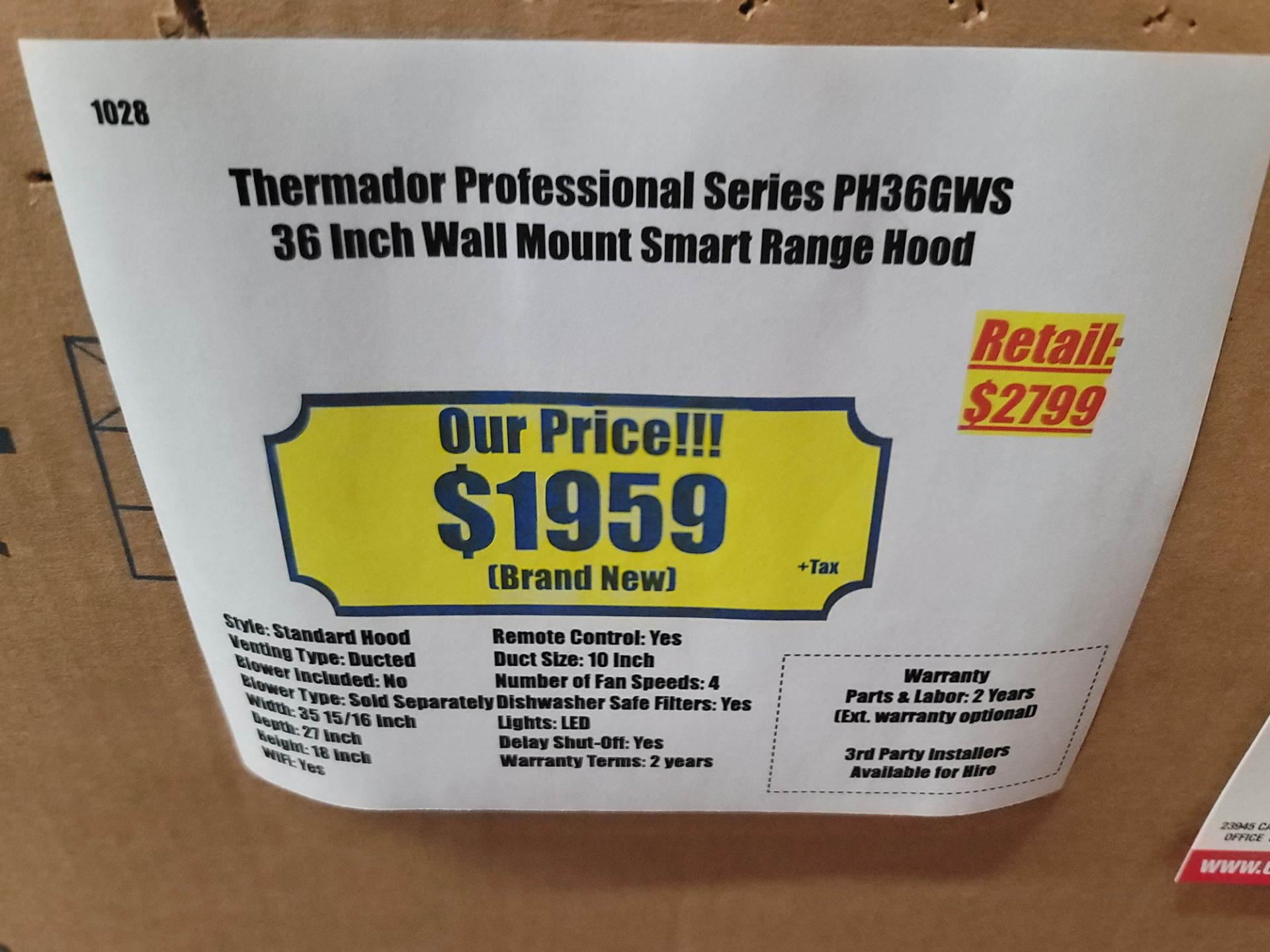 THERMADOR PROFESSIONAL SERIES 36" WALL MOUNT SMART RANGE HOOD, MODEL PH36GWS, IN ORIGINAL CARTON - Image 2 of 2