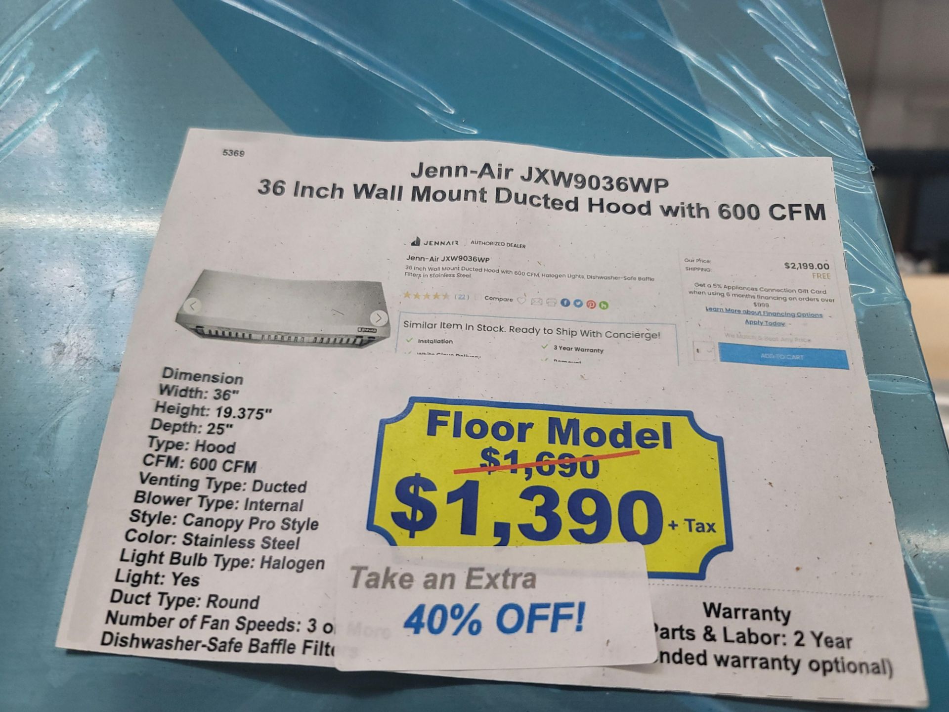 JENNAIR 36" WALL MOUNT DUCTED HOOD W/ 600 CFM, MODEL JXW9036WP - Image 2 of 2