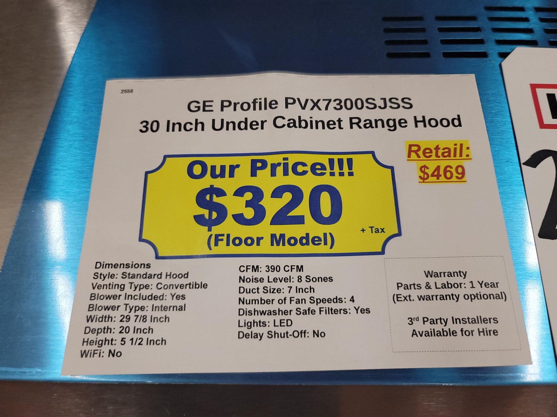 GE PROFILE 30" UNDER CABINET RANGE HOOD, MODEL PVX7300SJSS - Image 2 of 2