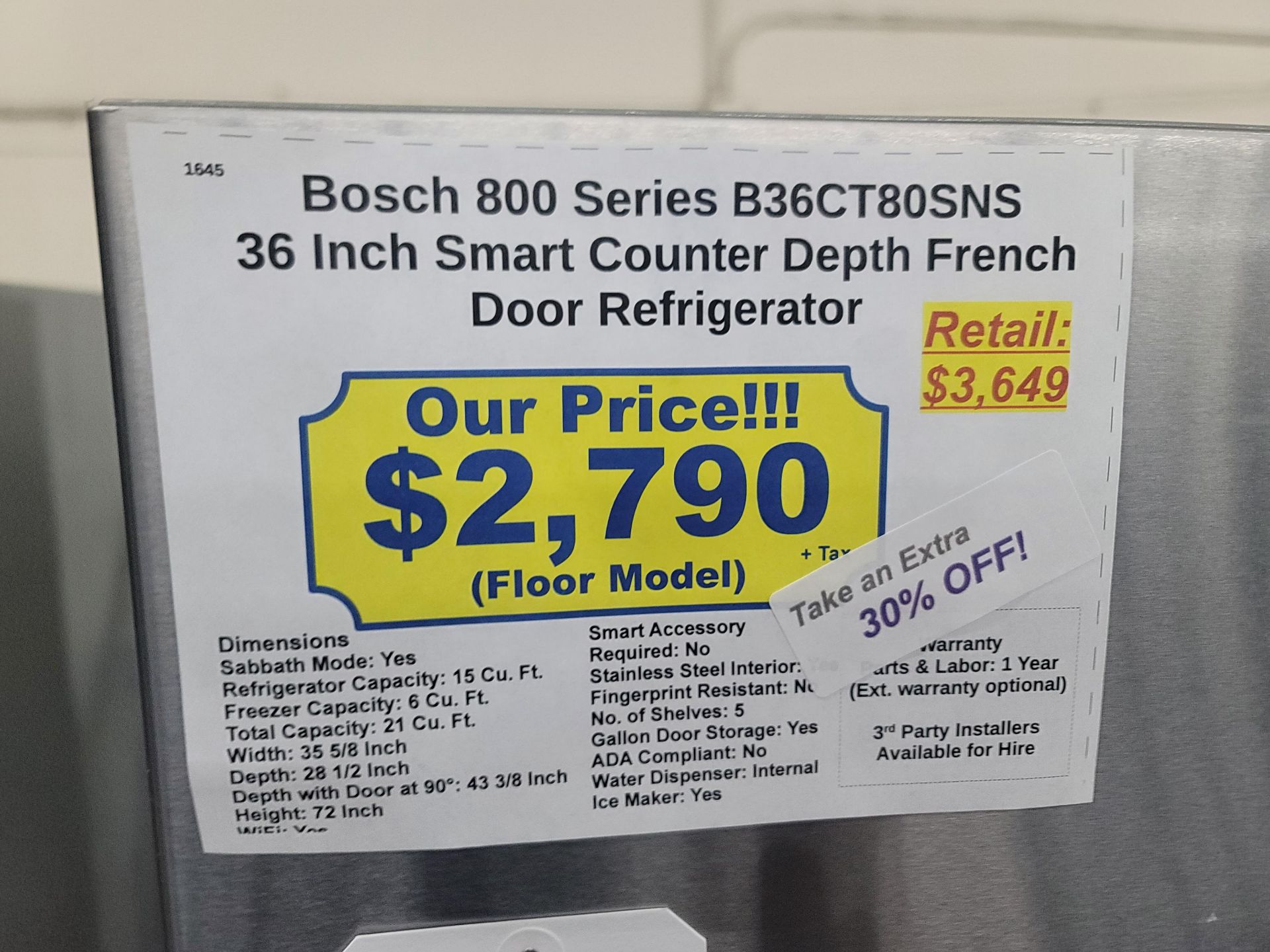 BOSCH 800 SERIES 36" SMART COUNTER DEPTH FRENCH DOOR 15 CU. FT. REFRIGERATOR / 6.0 CU. FT. FREEZER / - Image 6 of 6