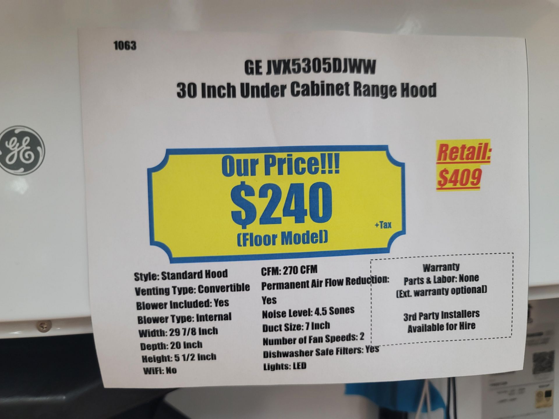 GE 30" UNDER CABINET RANGE HOOD IN WHITE, MODEL JVX5305DJWW, (NOTE: FACE EDGE IS DENTED) - Image 3 of 3