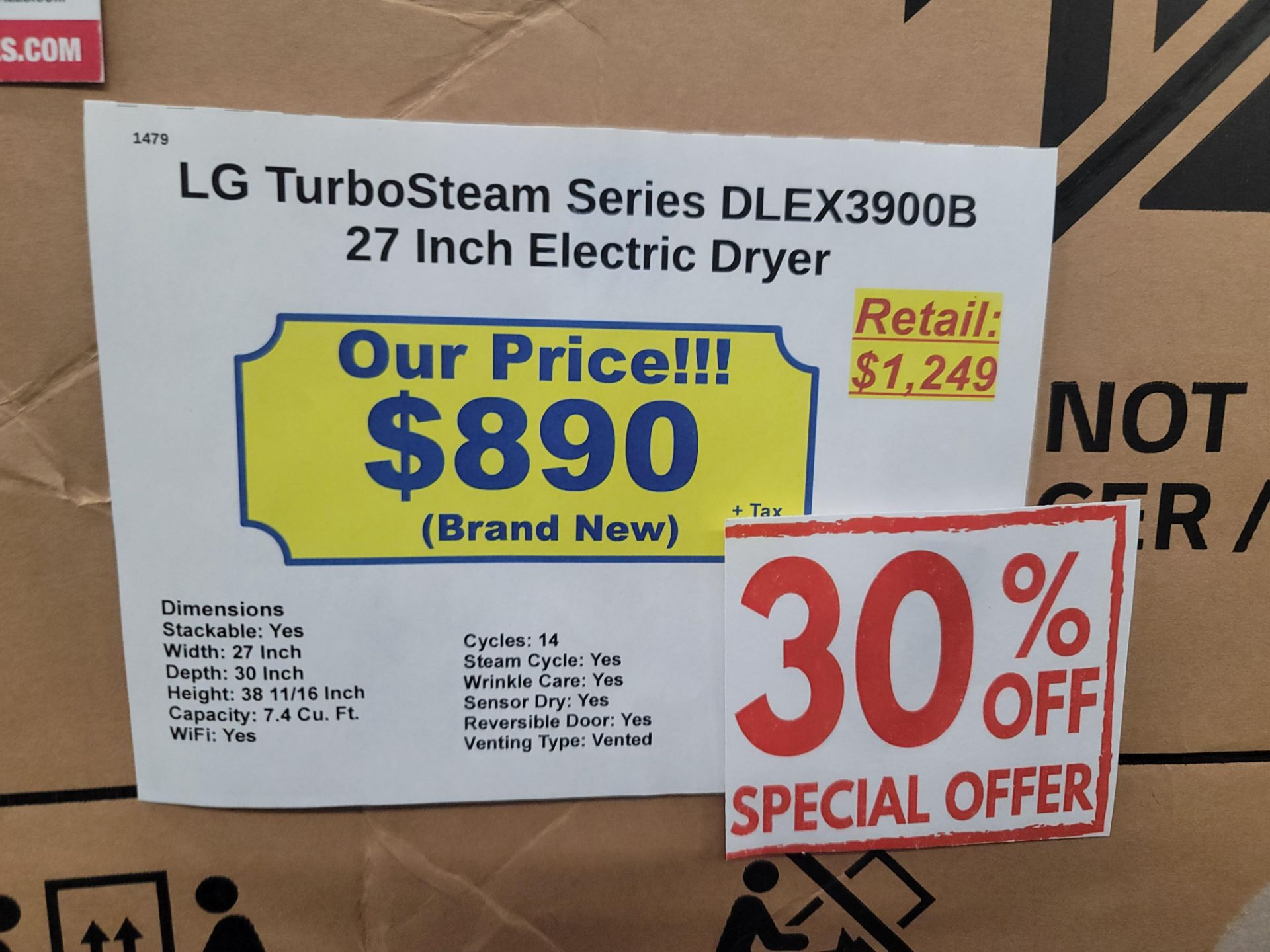 LG TURBOSTEAM SERIES 27" ELECTRIC DRYER IN BLACK, 7.4 CU. FT. CAPACITY, MODEL DLEX3900B, STILL IN - Image 3 of 3