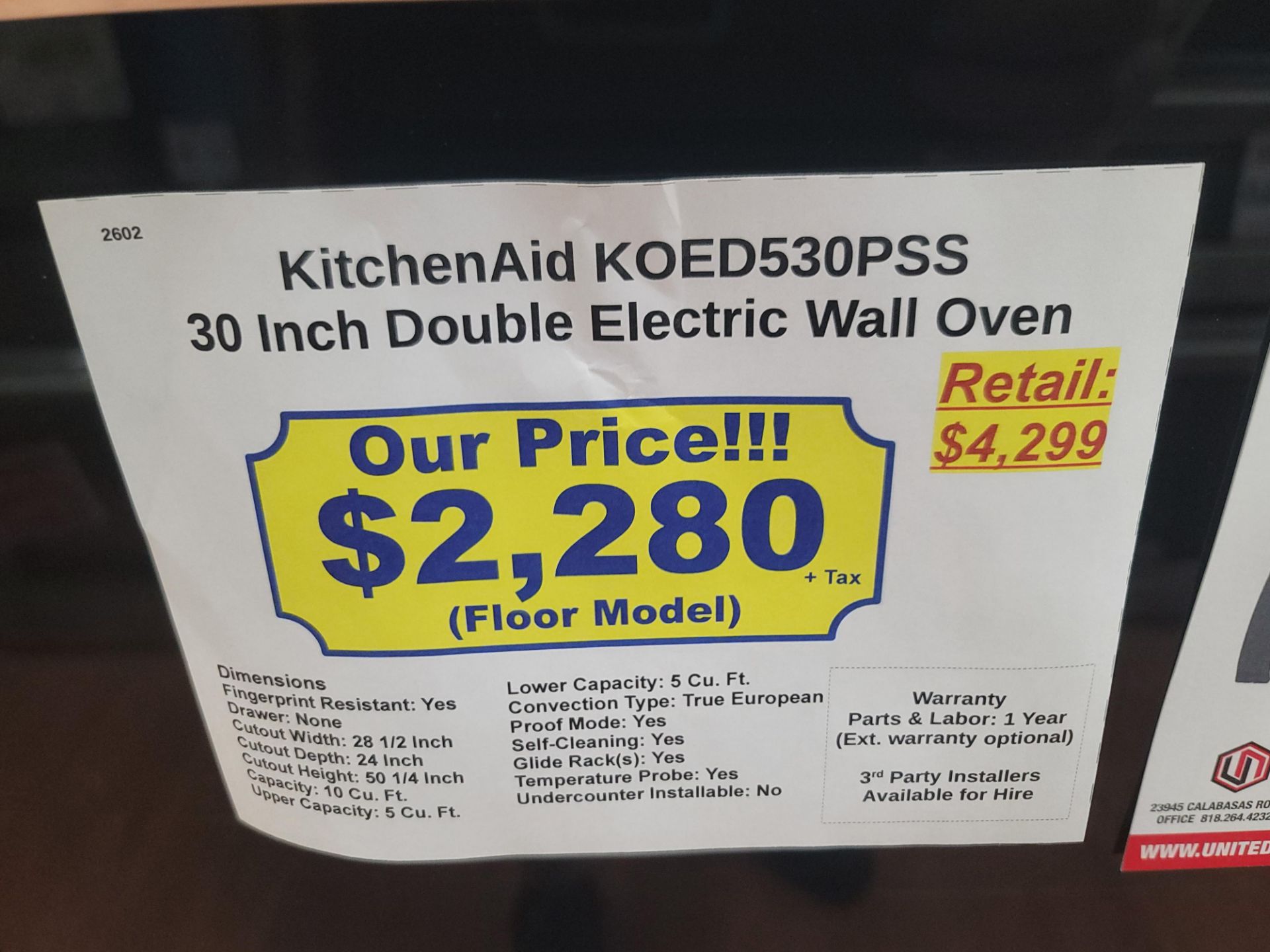 KITCHENAID 30" DOUBLE ELECTRIC WALL OVEN IN STAINLESS STEEL, CAPACITY: UPPER 5.0 CU. FT. / LOWER 5.0 - Image 4 of 4