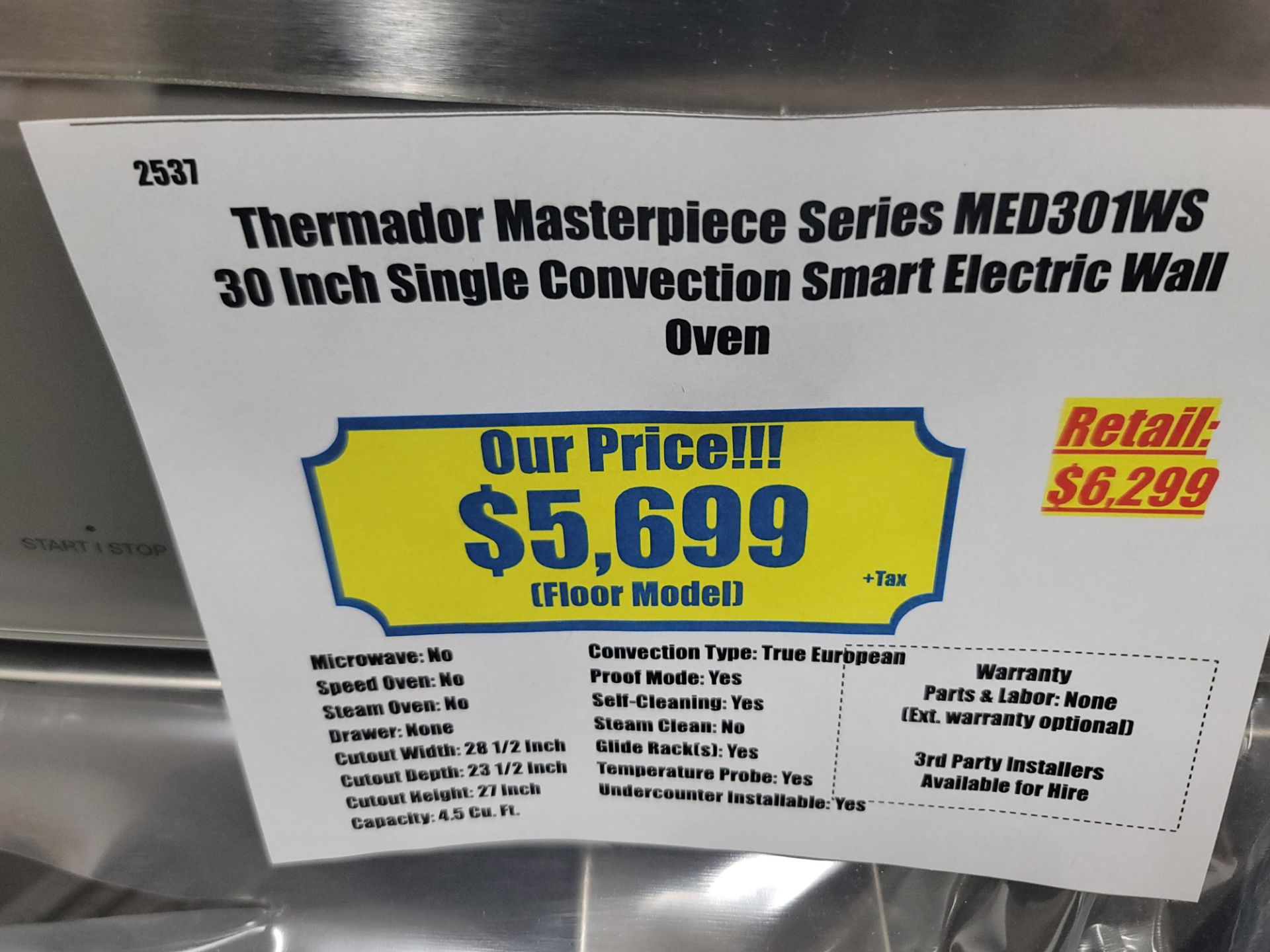 THERMADOR MASTERPIECE SERIES 30" SINGLE CONVECTION SMART ELECTRIC WALL OVEN W/ 4.5 CU. FT. - Image 3 of 3