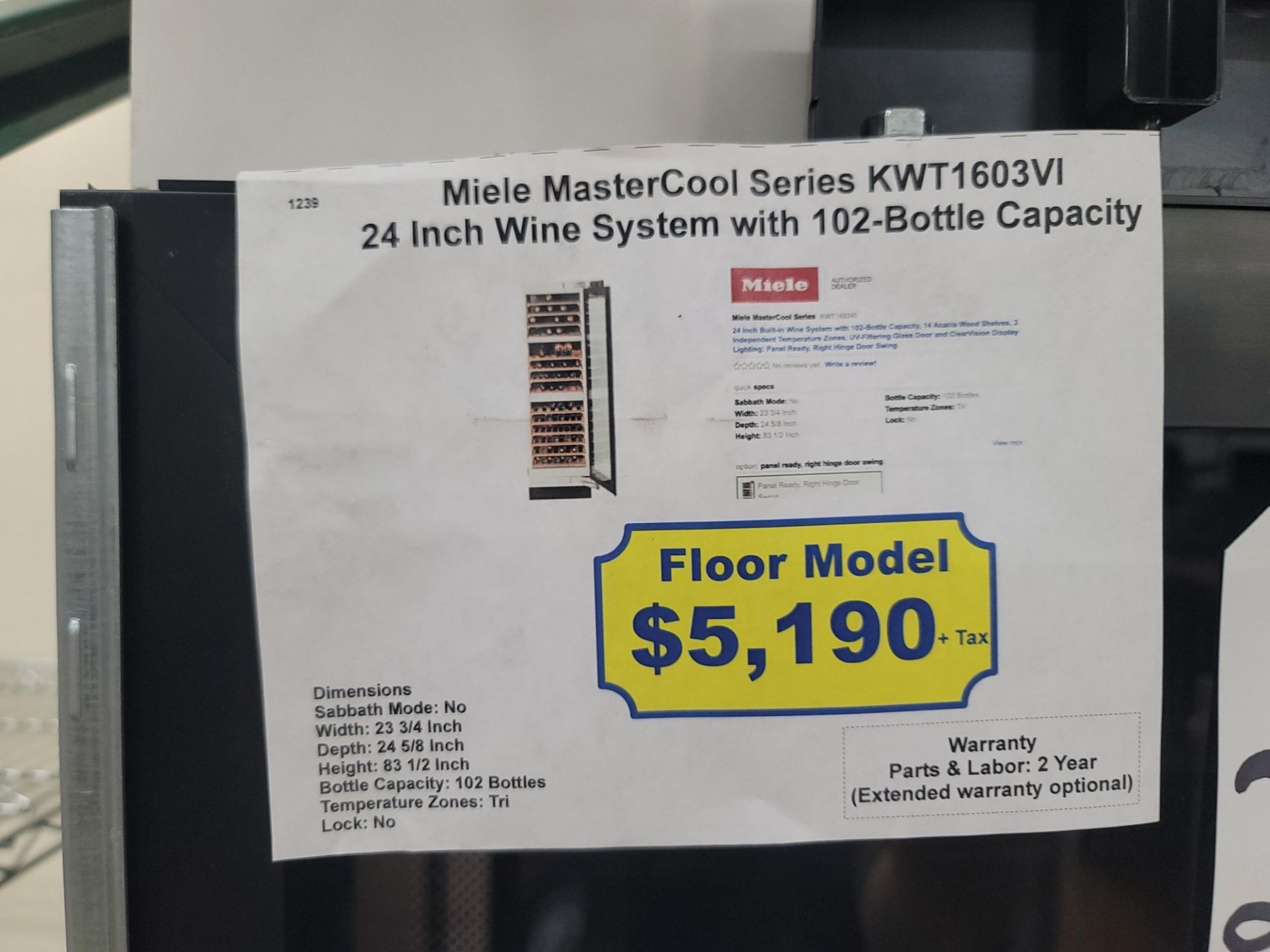 MIELE MASTERCOOL SERIES 24" WINE COOLER W/ 102-BOTTLE CAPACITY, MODEL KWT1603VI - Image 5 of 5