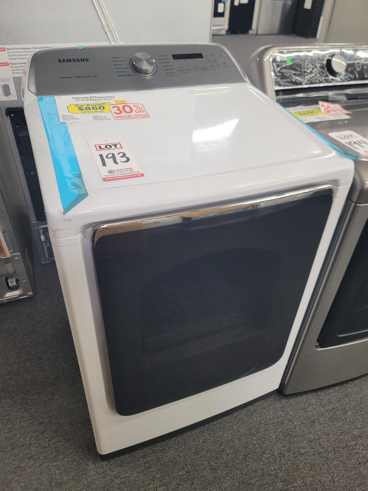 SAMSUNG 27" ELECTRIC DRYER IN WHITE, 7.4 CU. FT. CAPACITY, MODEL DVE54R7600W