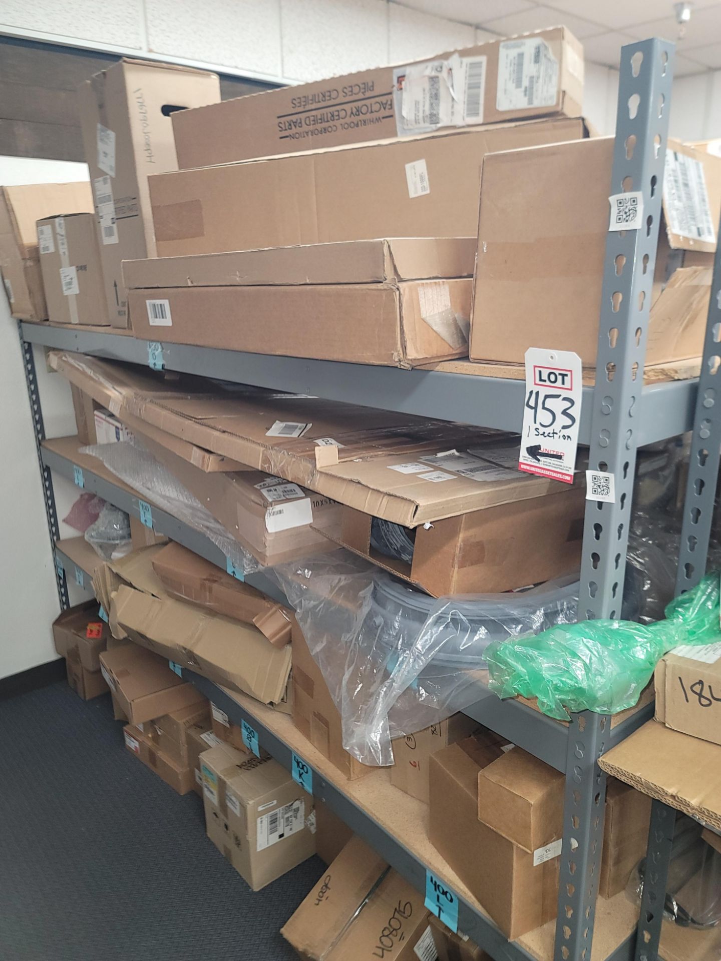 LOT - 8' SHELF UNIT W/ CONTENTS OF APPLIANCE REPLACEMENT PARTS