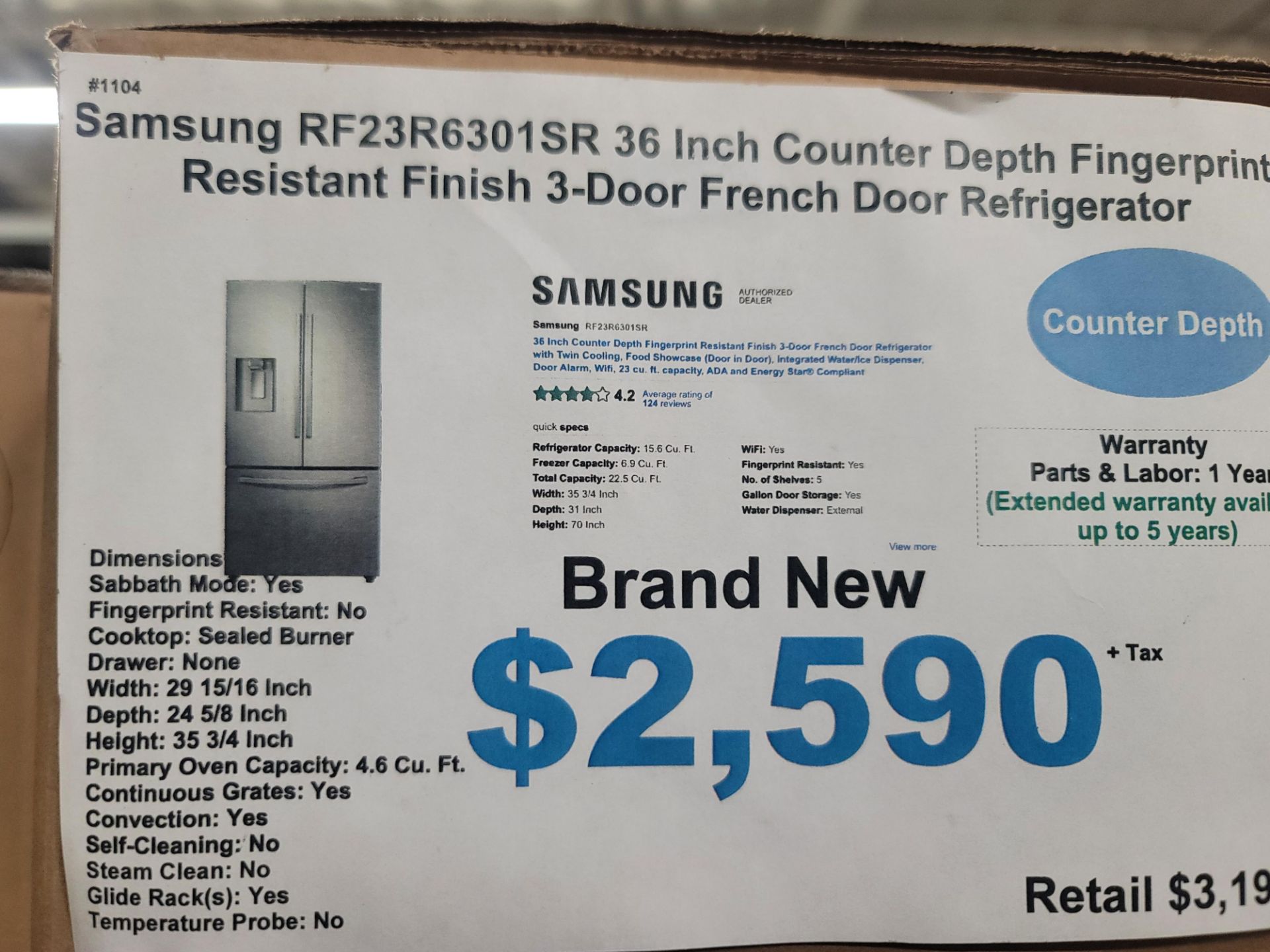 SAMSUNG 36" COUNTER DEPTH 3-DOOR FRENCH DOOR 15.6 CU. FT. REFRIGERATOR / 6.9 CU. FT. FREEZER / 22. - Image 2 of 2
