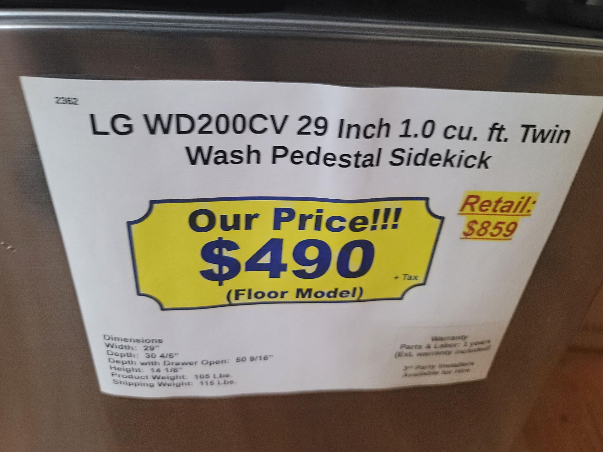 LG 27" SIDEKICK PEDESTAL WASHER IN GRAPHITE STEEL, 1.0 CU. FT. CAPACITY, MODEL WD200CV - Image 3 of 3