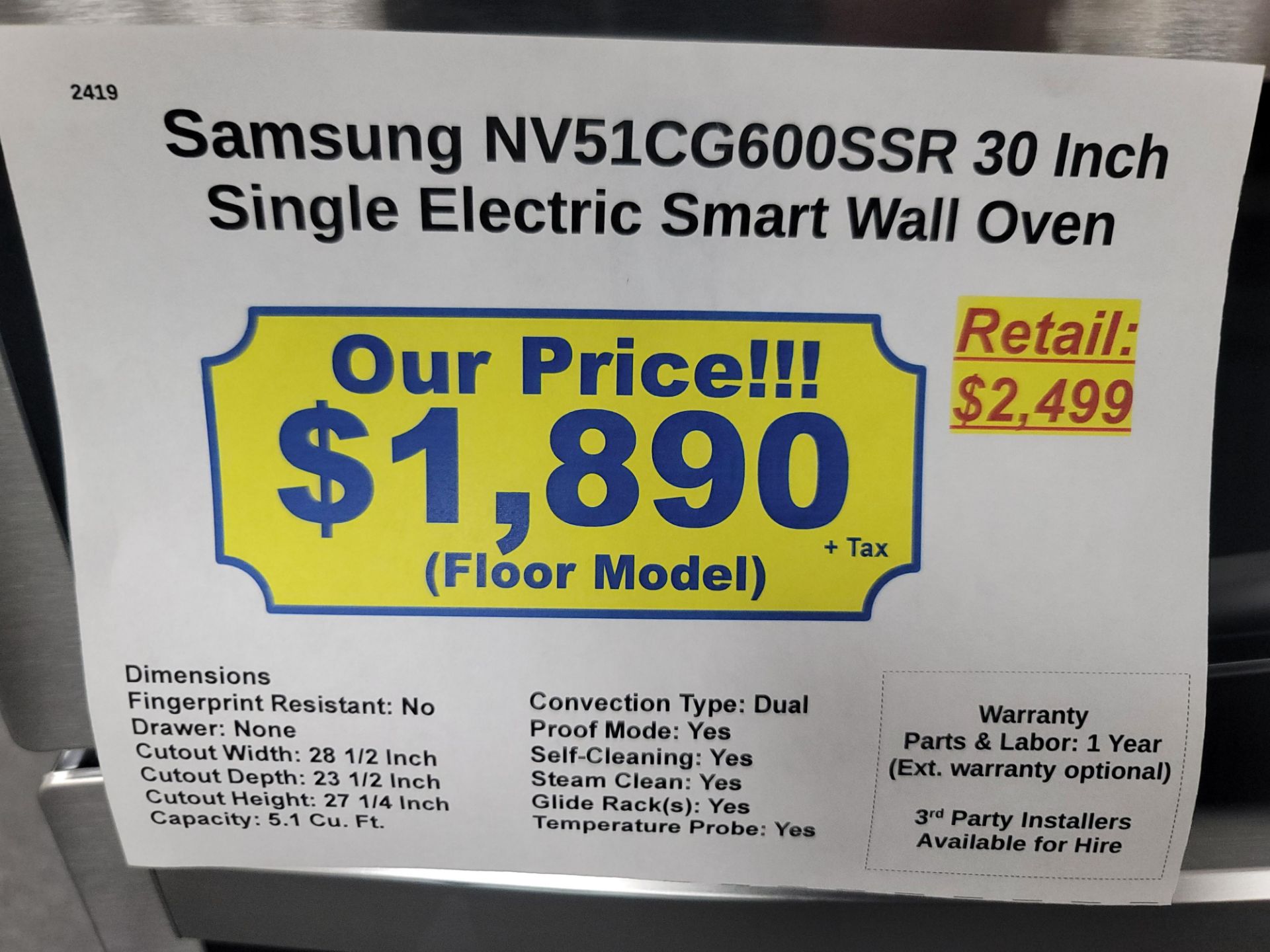 SAMSUNG 30" SINGLE ELECTRIC SMART WALL OVEN W/ 5.1 CU. FT. CAPACITY IN STAINLESS STEEL, MODEL - Image 3 of 3