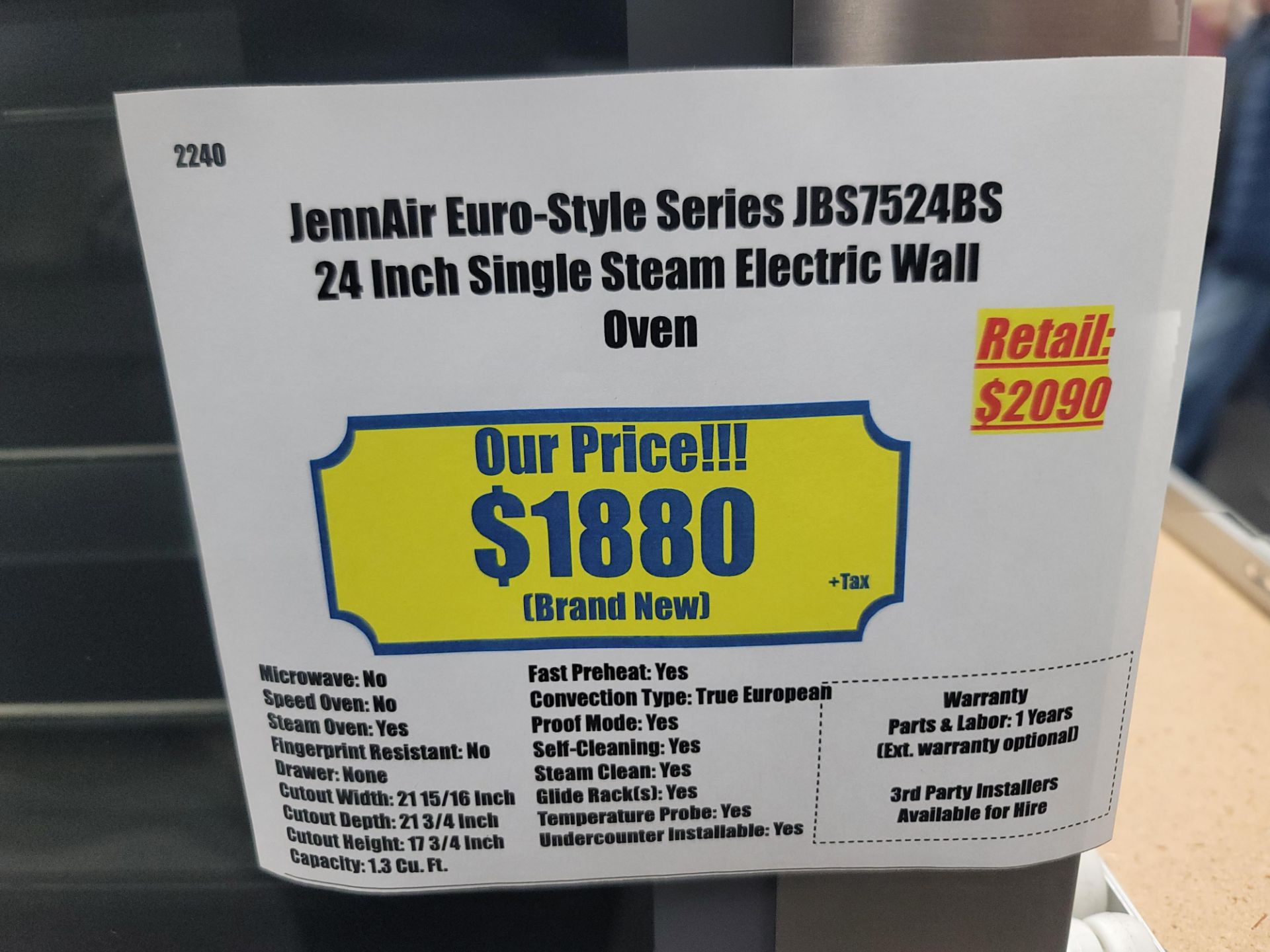 JENNAIR EURO-STYLE SERIES 24" SINGLE STEAM ELECTRIC WALL OVEN W/ 1.3 CU. FT. CAPACITY IN STAINLESS - Image 5 of 5