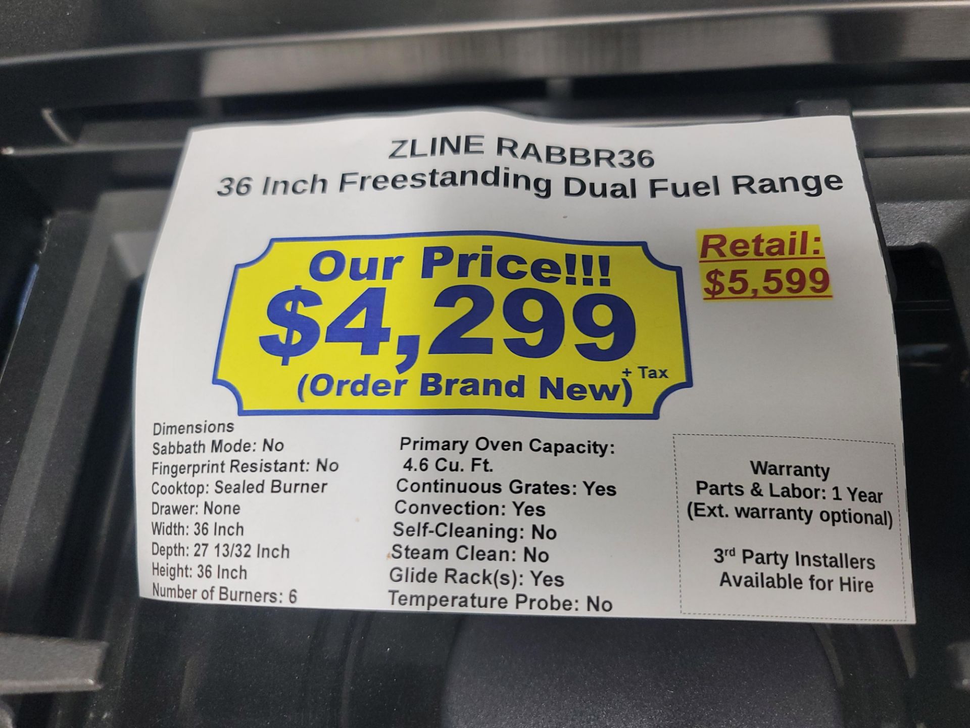 ZLINE 36" FREESTANDING DUAL FUEL RANGE W/ (6) BURNERS AND 4.6 CU. FT. OVEN CAPACITY IN BLACK, - Image 5 of 5