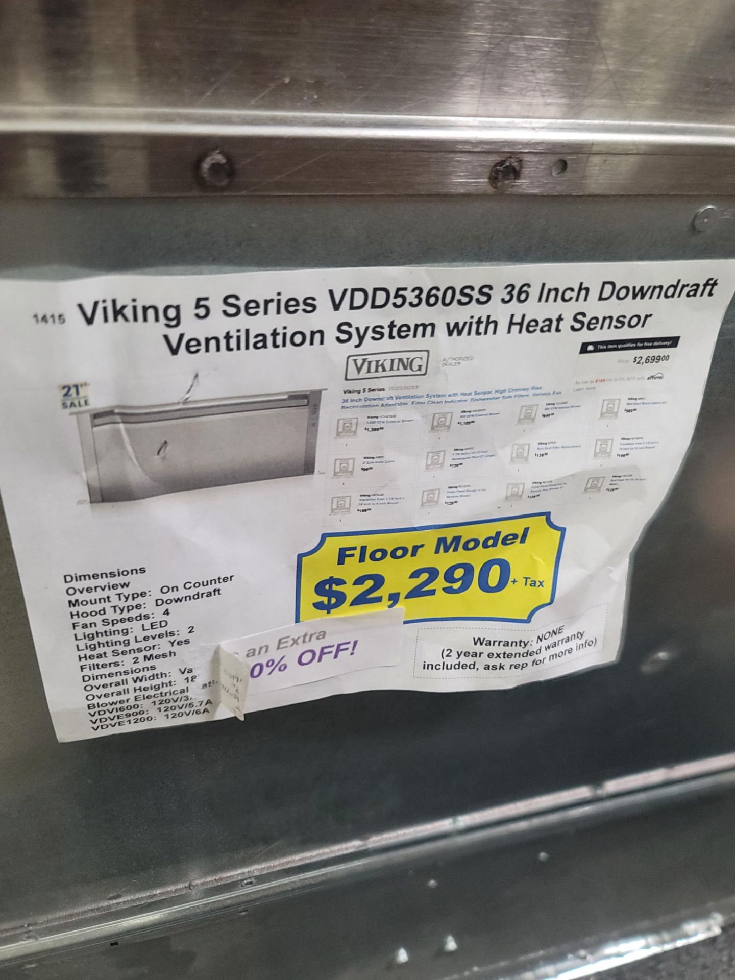 VIKING 5 SERIES 36" DOWNDRAFT VENTILATION SYSTEM W/ HEAT SENSOR, MODEL VDD5360SS - Image 2 of 2