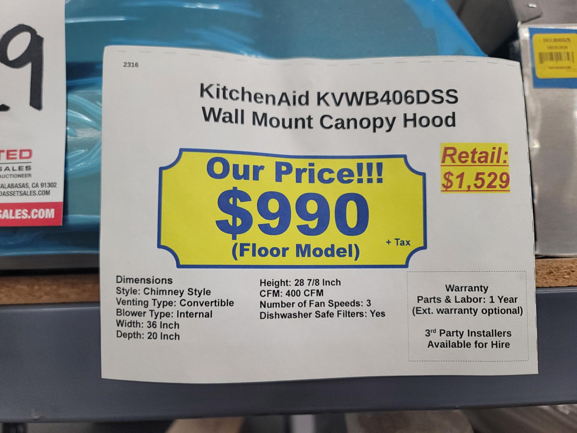 KITCHENAID 36" WALL MOUNT CANOPY RANGE HOOD, MODEL KVWB406DSS - Image 2 of 2