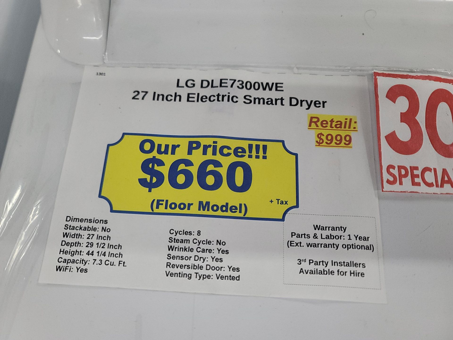LG 27" ELECTRIC SMART DRYER IN WHITE, 7.3 CU. FT. CAPACITY, MODEL DLE7300WE - Image 3 of 3