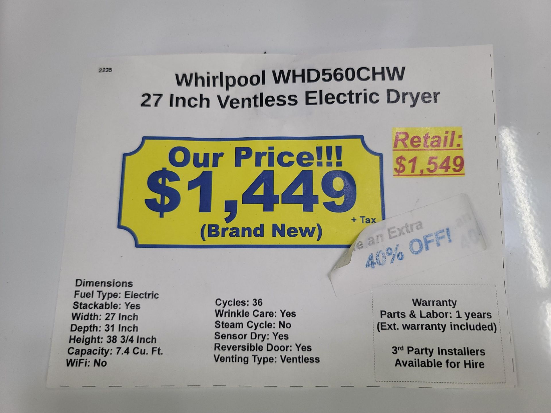 WHIRLPOOL 27" VENTLESS ELECTRIC DRYER IN WHITE, 7.4 CU. FT. CAPACITY, STACKABLE, MODEL WHD560CHW - Image 3 of 3