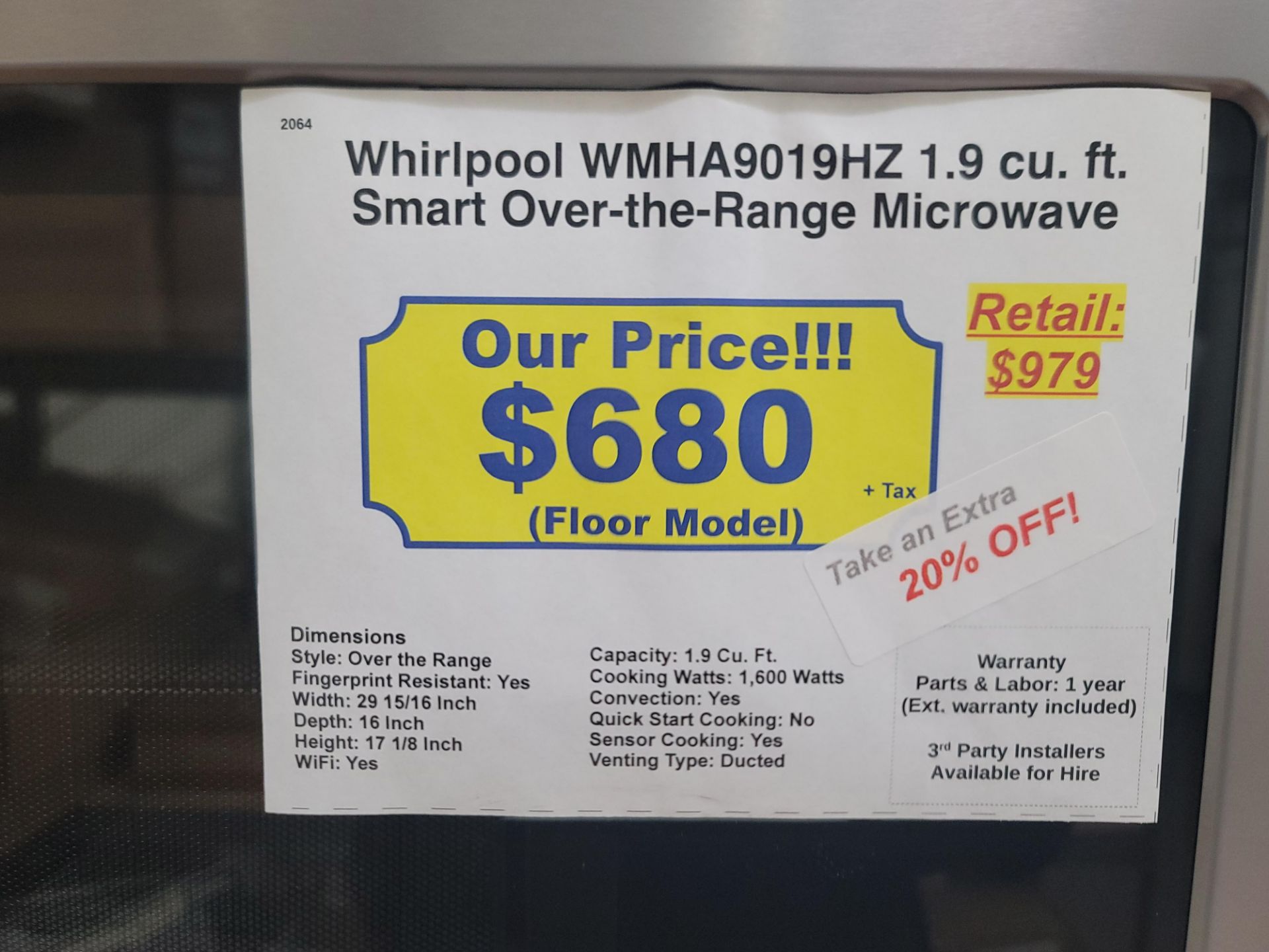 WHIRLPOOL SMART OVER-THE-RANGE 30" MICROWAVE OVEN IN STAINLESS STEEL, 1,600 COOKING WATTS, 1.9 CU. - Image 3 of 3