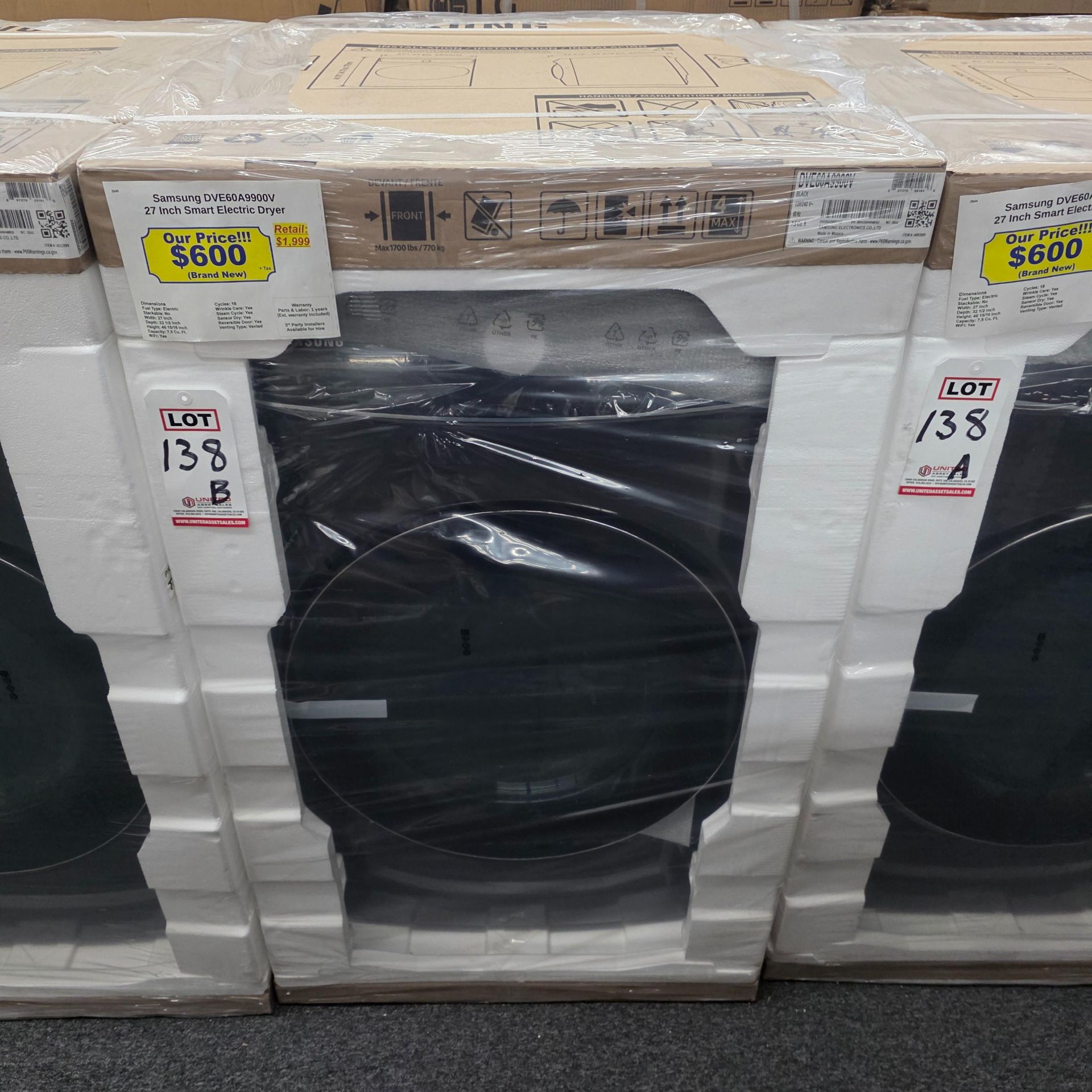 SAMSUNG 27" SMART 7.5 CU. FT. ELECTRIC DRYER IN BLACK, MODEL DVE60A9900V, UNOPENED FACTORY