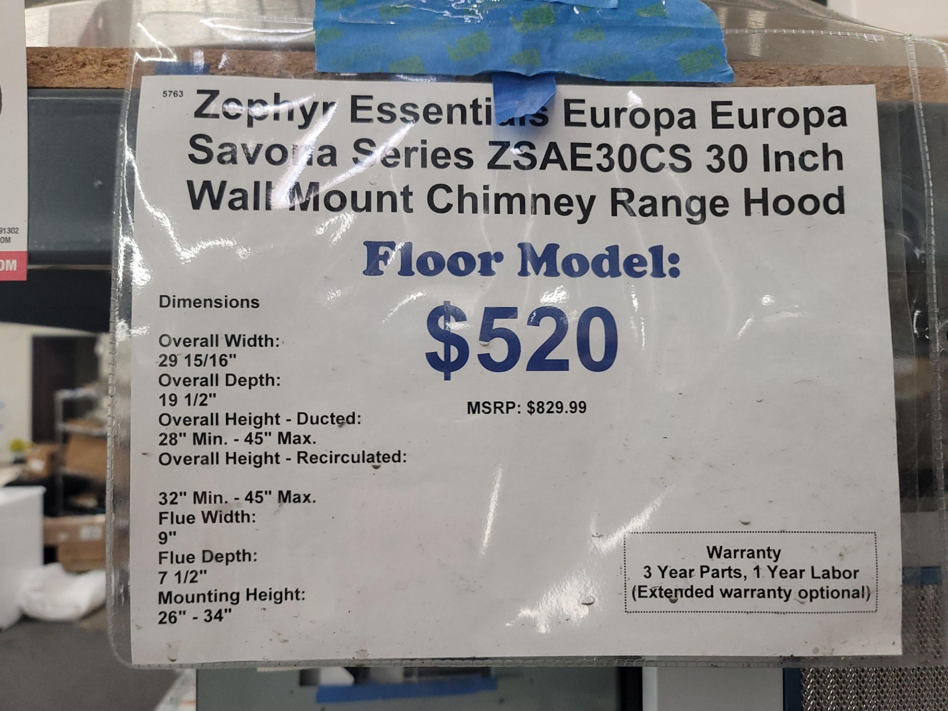 ZEPHYR ESSENTIALS EUROPA SAVONA SERIES 30" WALL MOUNT CHIMNEY RANGE HOOD, MODEL ZSAE30CS - Image 2 of 2