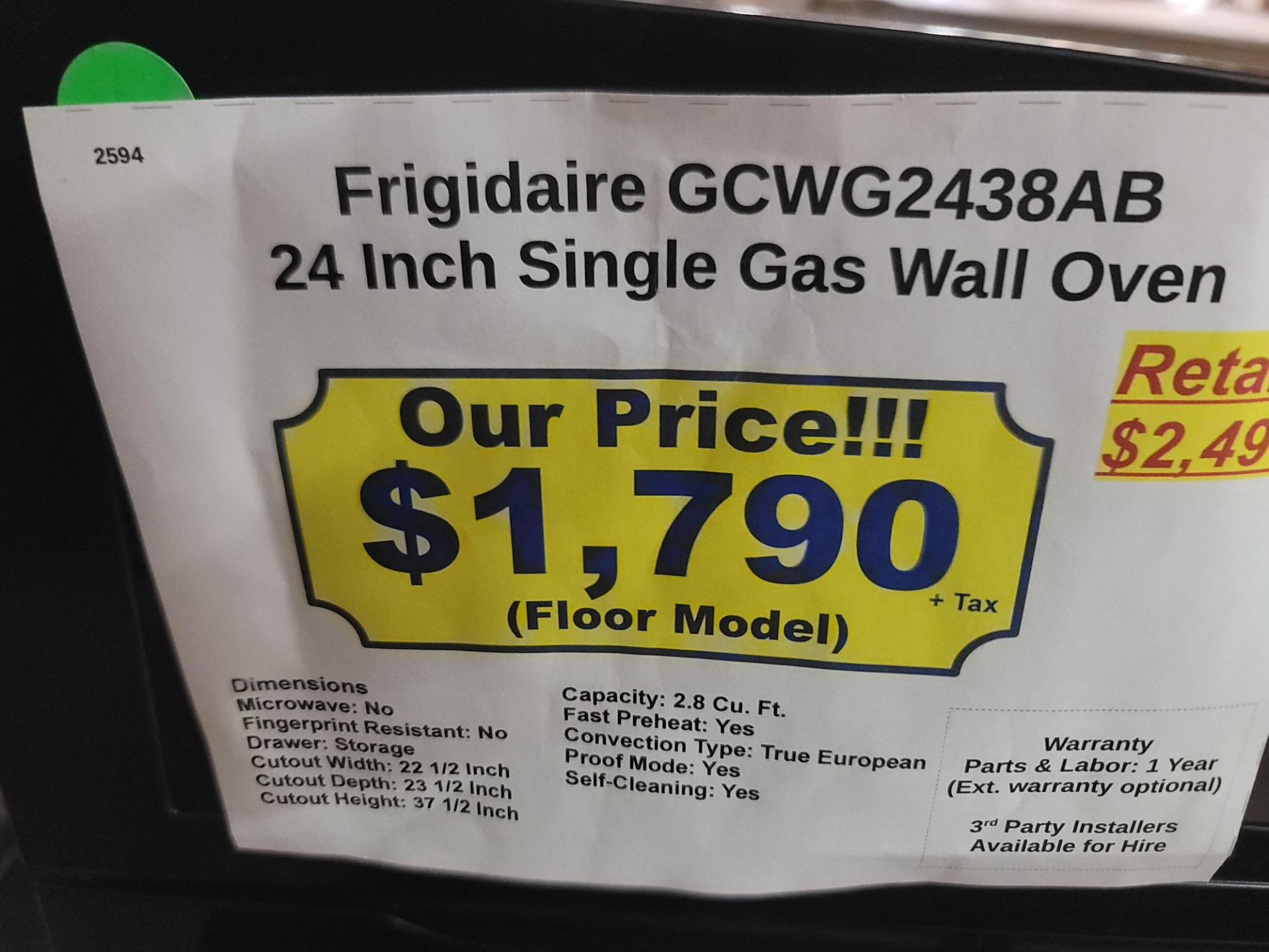FRIGIDAIRE 24" SINGLE GAS WALL OVEN W/ 2.8 CU. FT. CAPACITY IN BLACK, MODEL GCWG2438AB - Image 4 of 4