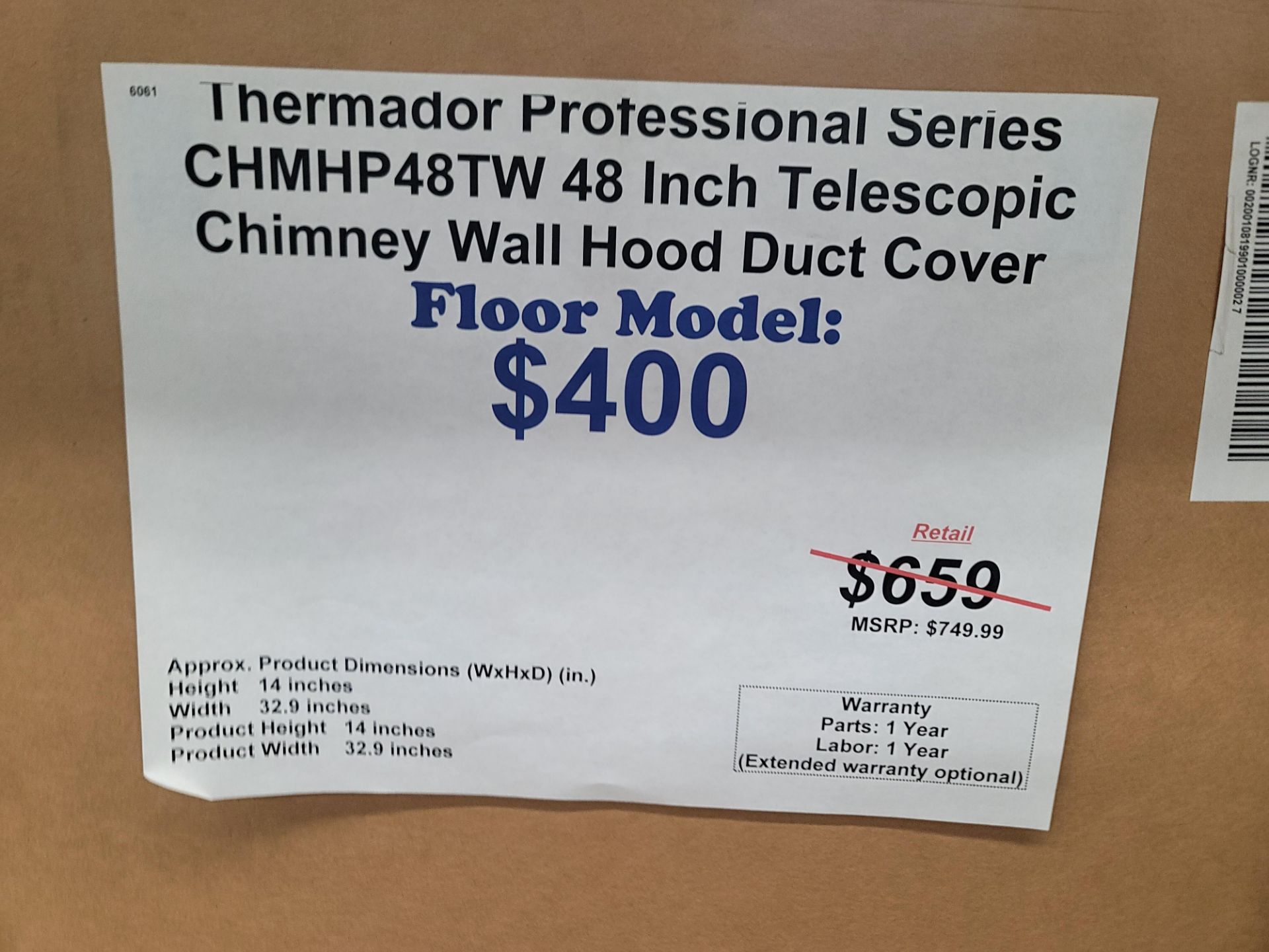 THERMADOR PROFESSIONAL SERIES 48" TELESCOPIC CHIMNEY WALL HOOD DUCT COVER, MODEL CHMHP48TW, IN - Image 3 of 3