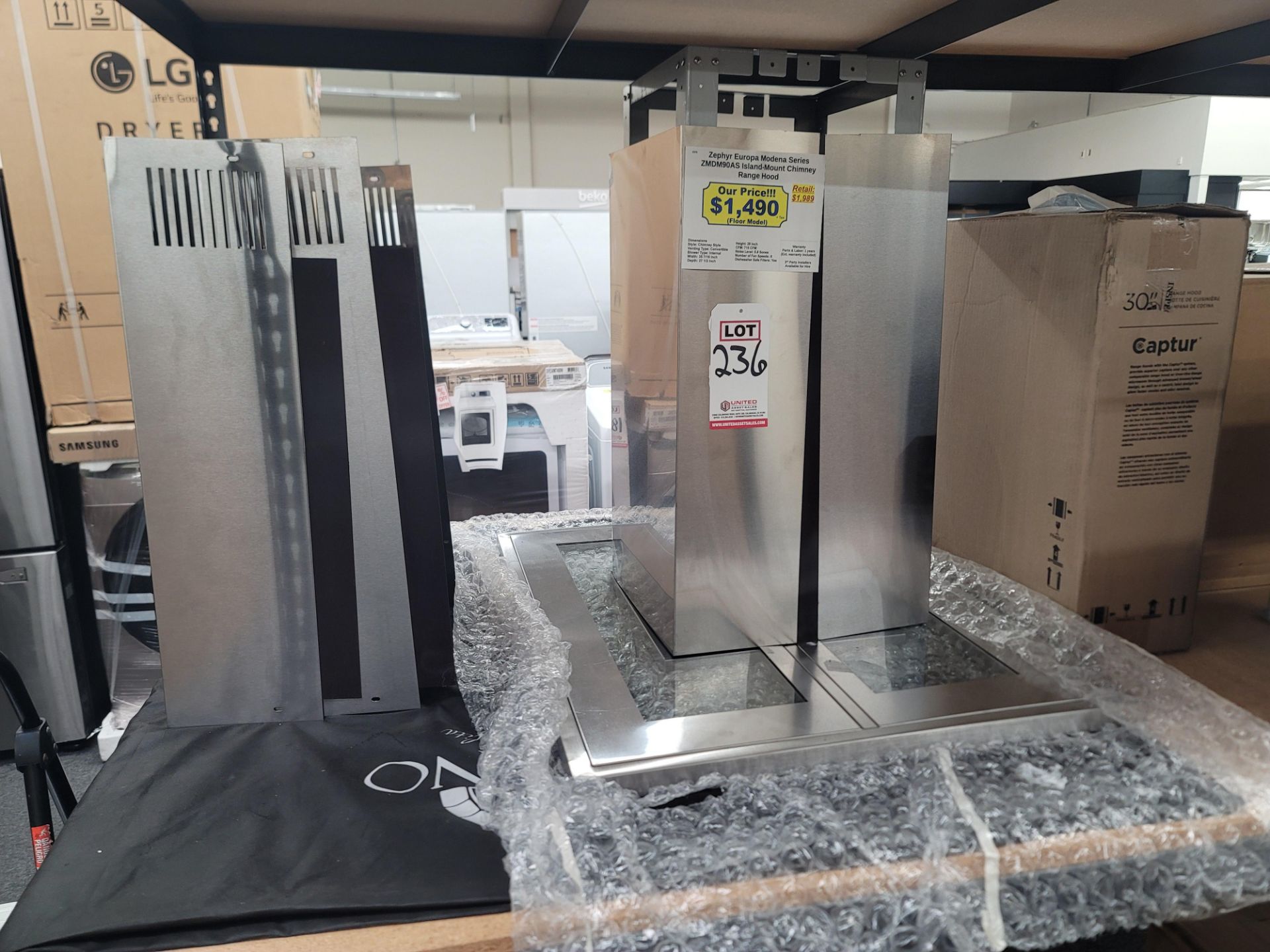 ZEPHYR EUROPA MODENA SERIES 36" ISLAND-MOUNT CHIMNEY RANGE HOOD, MODEL ZMDM90AS