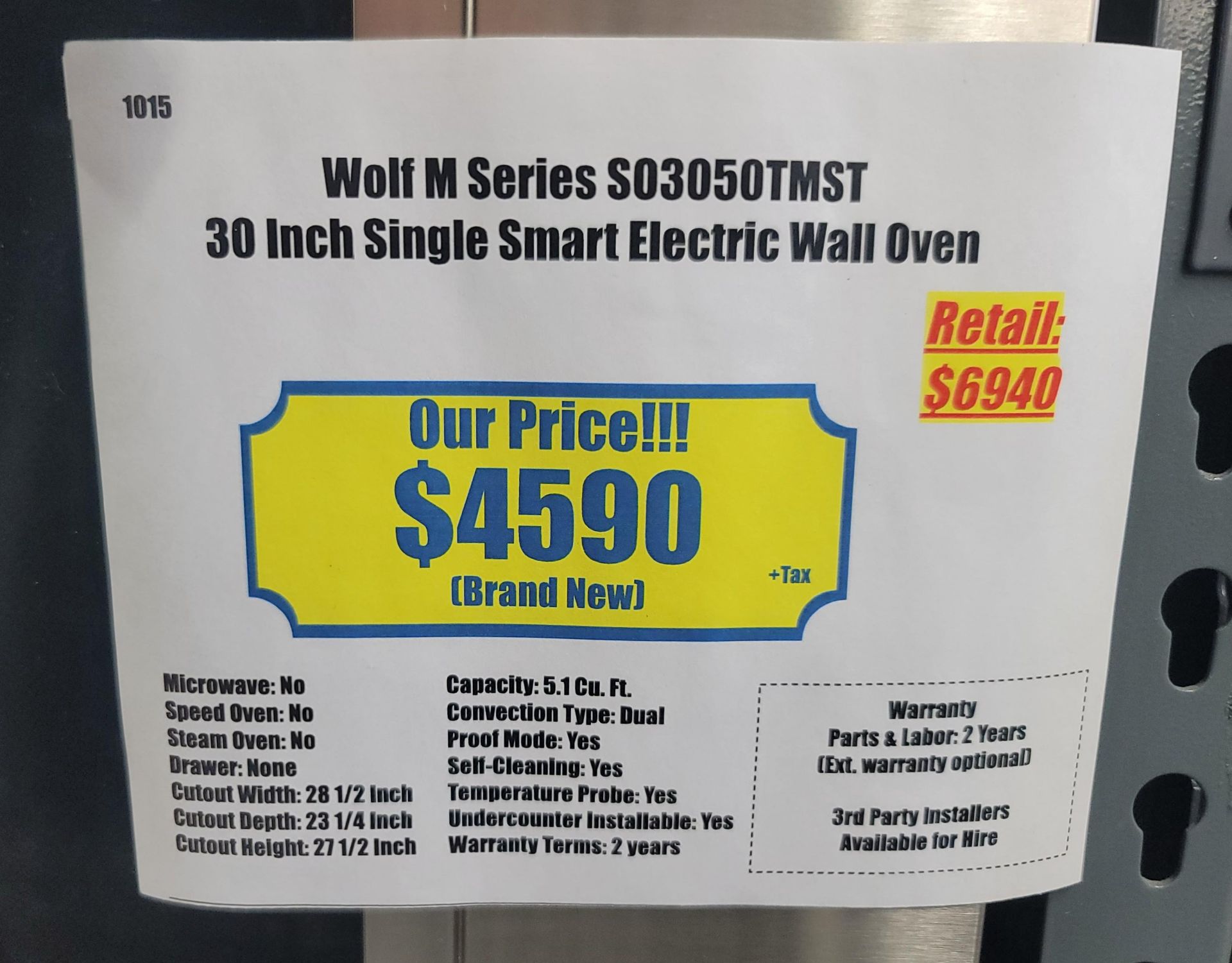 WOLF M SERIES 30" SINGLE SMART ELECTRIC WALL OVEN W/ 5.1 CU. FT. CAPACITY IN STAINLESS STEEL, - Image 3 of 3