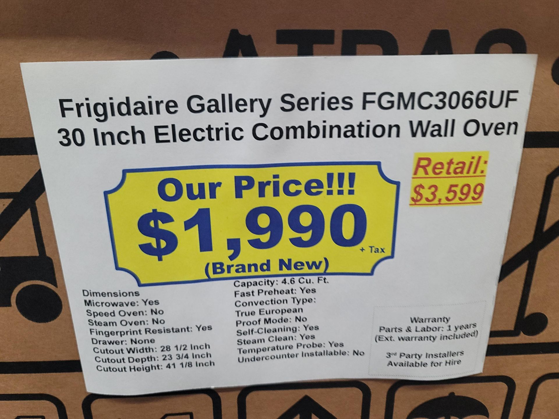 FRIGIDAIRE GALLERY SERIES 30" ELECTRIC COMBINATION MICROWAVE & WALL OVEN IN STAINLESS STEEL, MODEL - Image 2 of 2