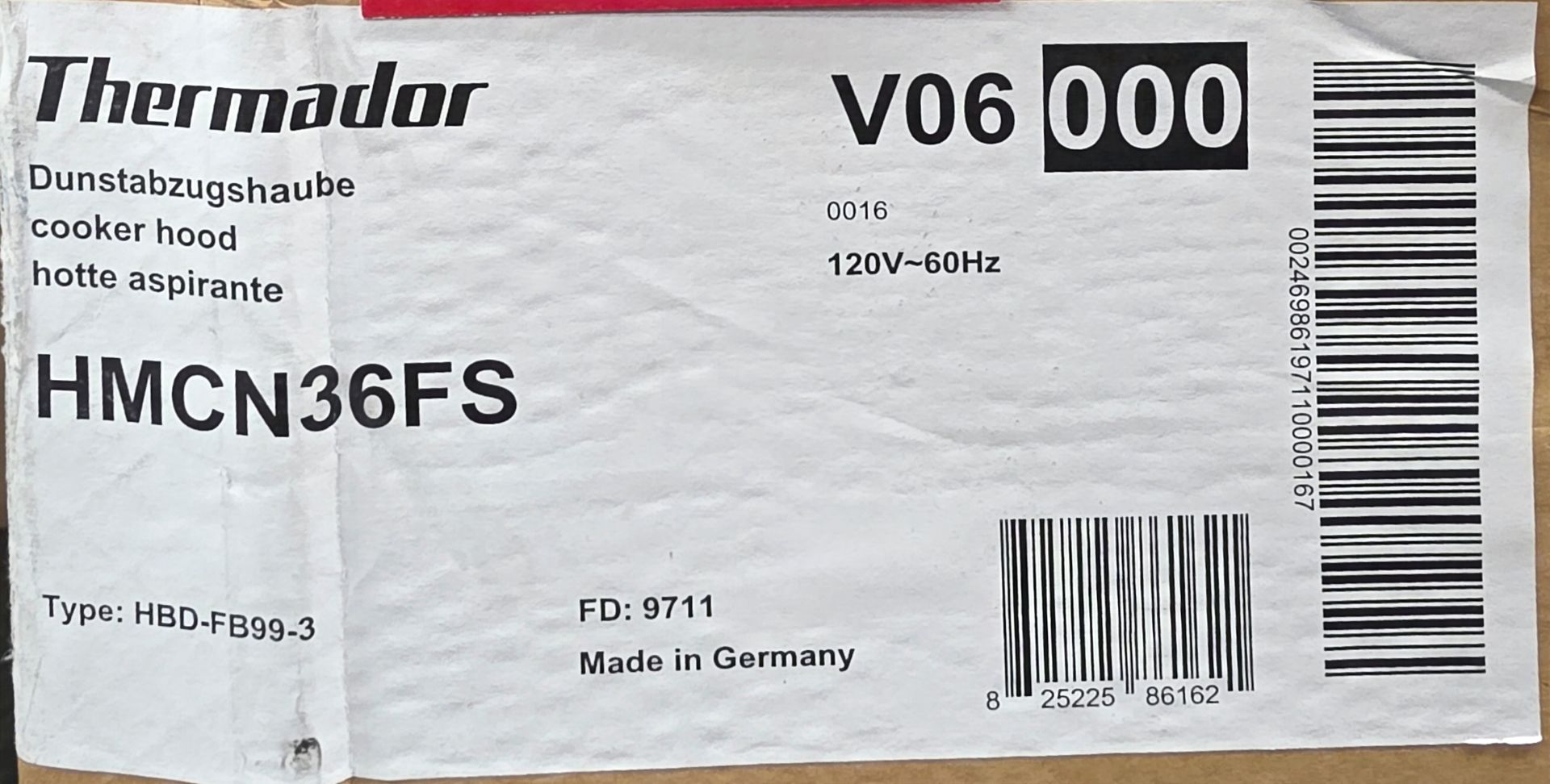 THERMADOR 36" WALL MOUNT CHIMNEY RANGE HOOD, MODEL HMCN36FS, IN ORIGINAL CARTON - Image 2 of 2