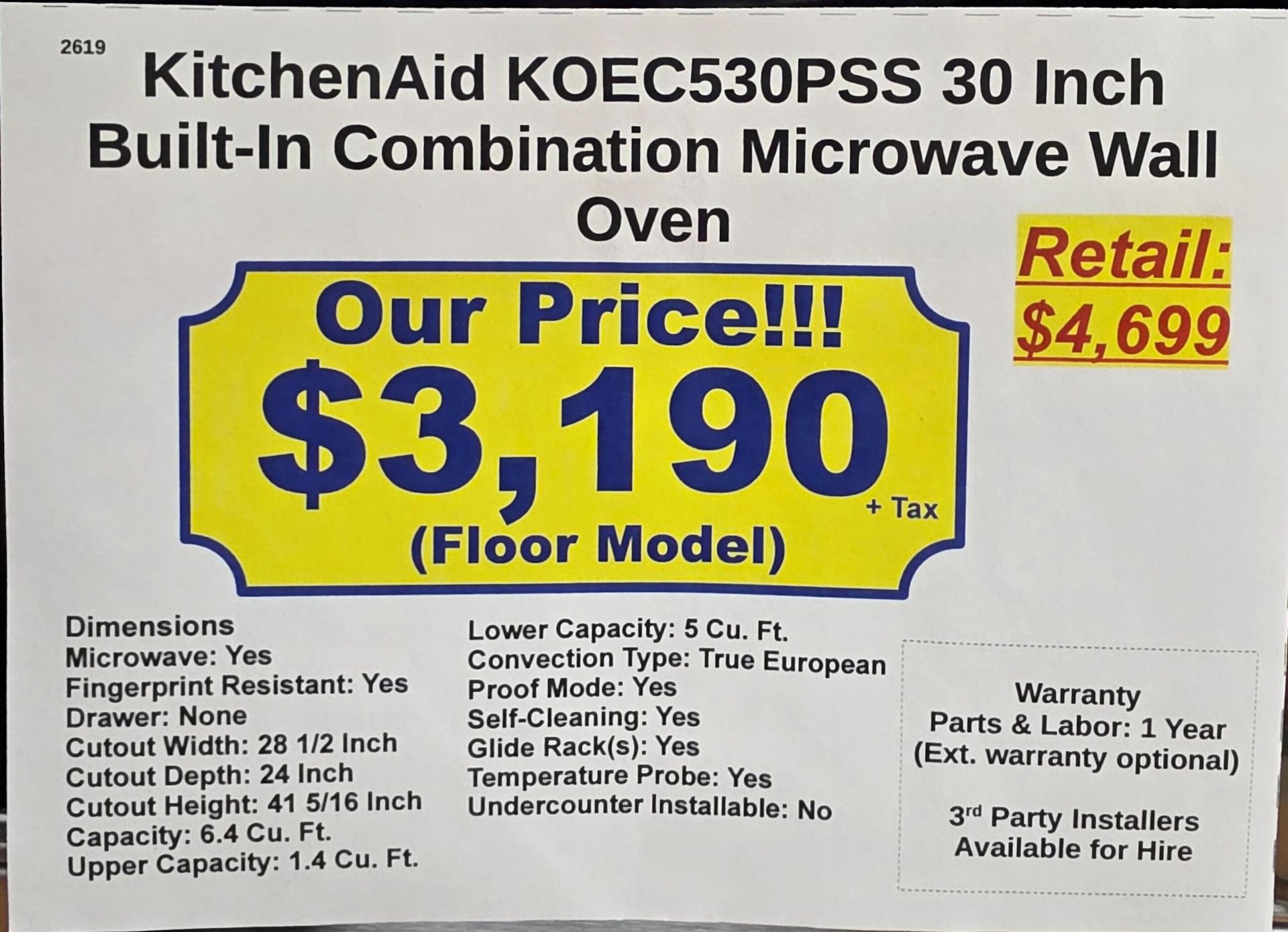 KITCHENAID 30" BUILT-IN COMBINATION MICROWAVE & WALL OVEN IN STAINLESS STEEL, CAPACITY: MICRO 1.4 - Image 4 of 4