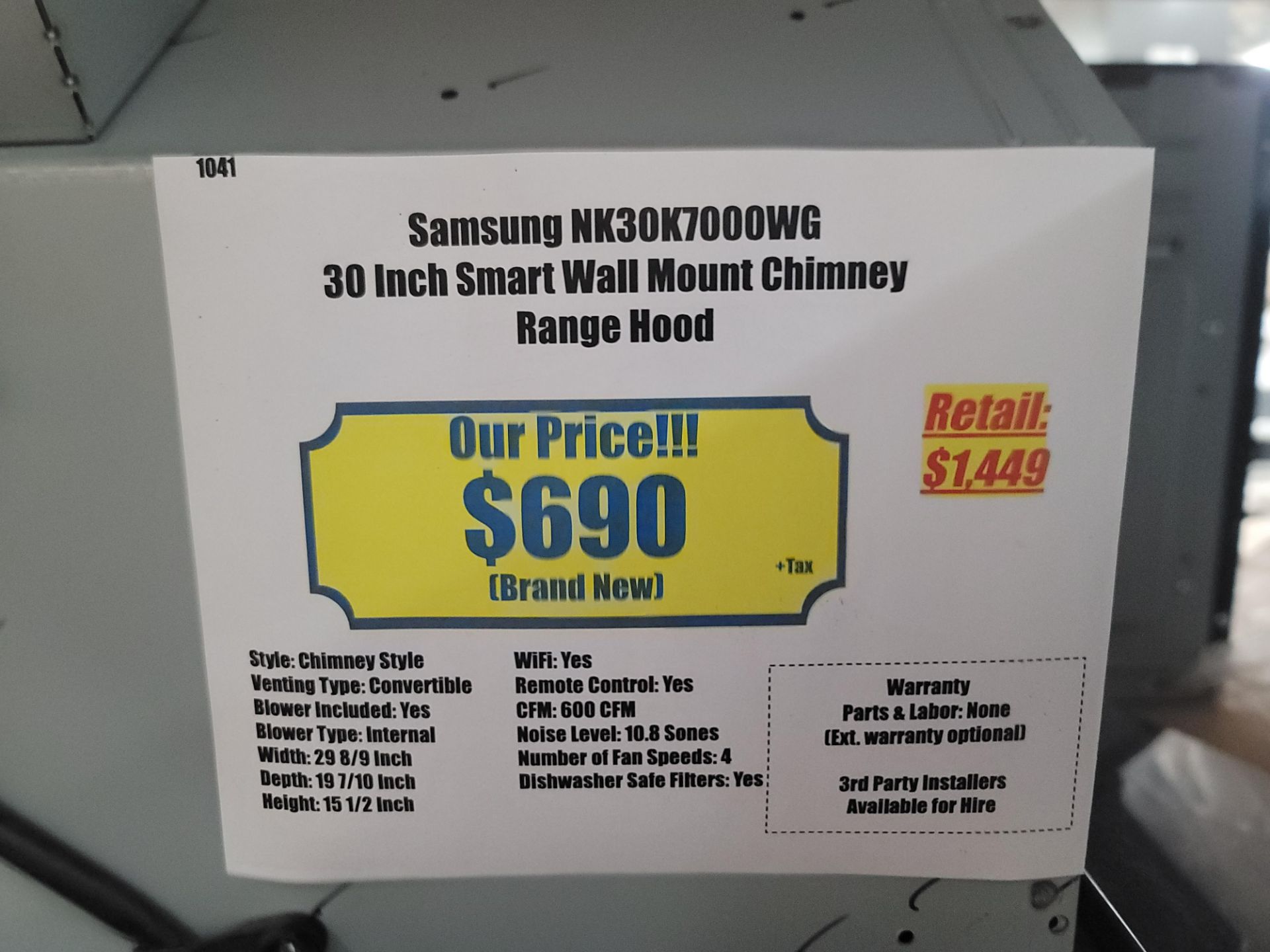 SAMSUNG 30" SMART WALL MOUNT CHIMNEY RANGE HOOD IN DEEP CHARCOAL, MODEL NK30K7000WG - Image 2 of 2