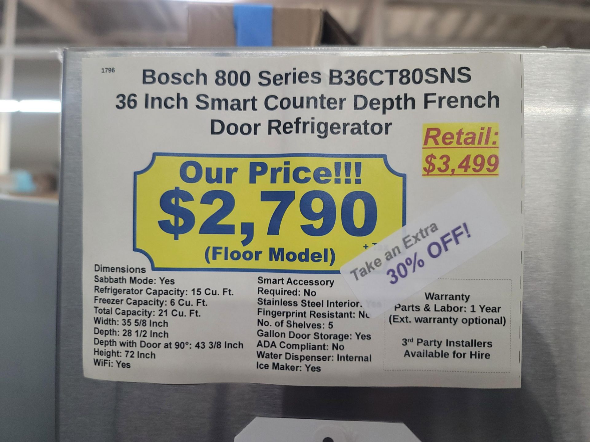 BOSCH 800 SERIES 36" SMART COUNTER DEPTH FRENCH DOOR 15 CU. FT. REFRIGERATOR / 6.0 CU. FT. FREEZER / - Image 4 of 4
