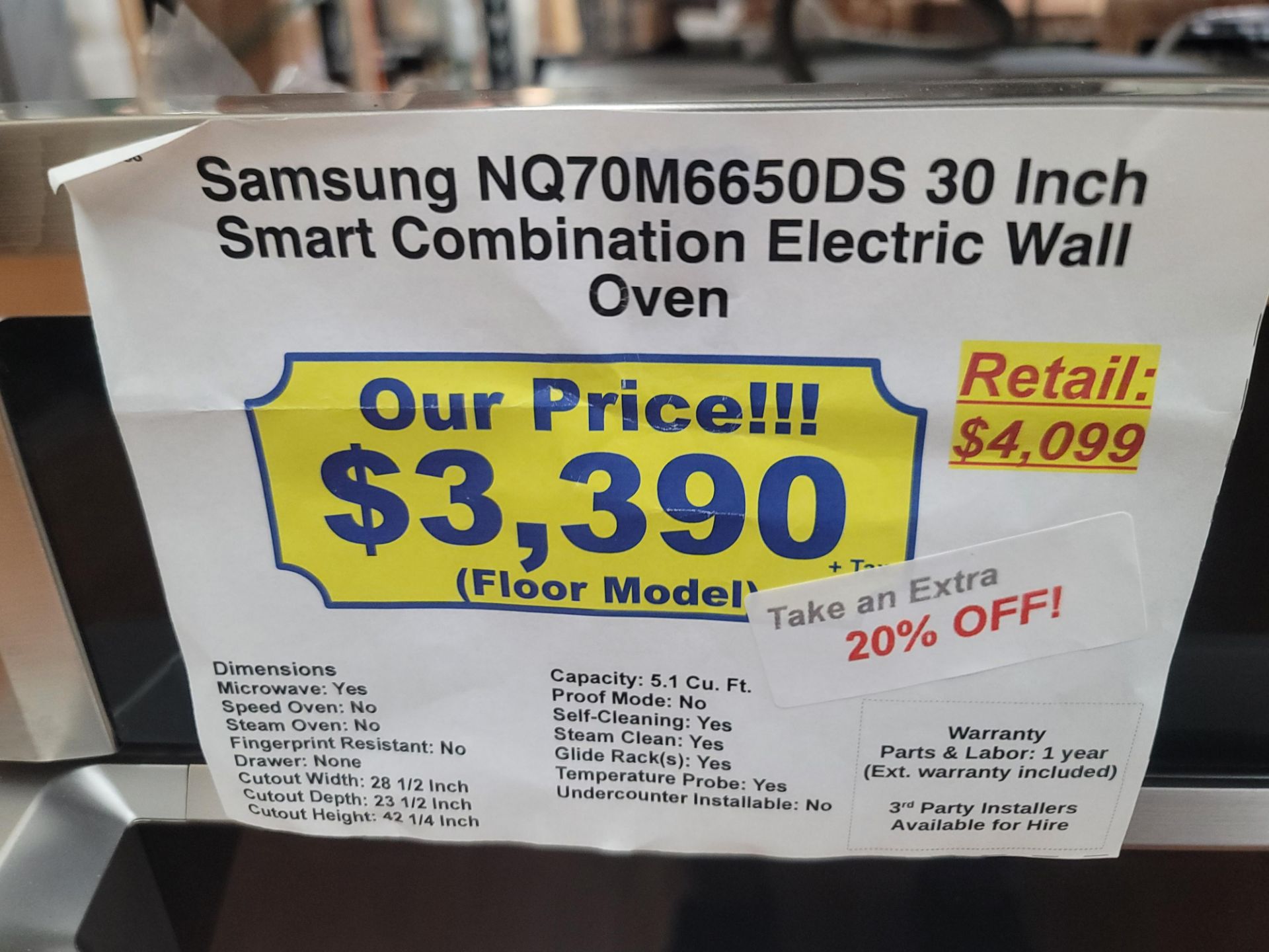 SAMSUNG 30" SMART COMBINATION MICROWAVE & ELECTRIC WALL OVEN, 5.1 CU. FT. CAPACITY, IN STAINLESS - Image 4 of 4