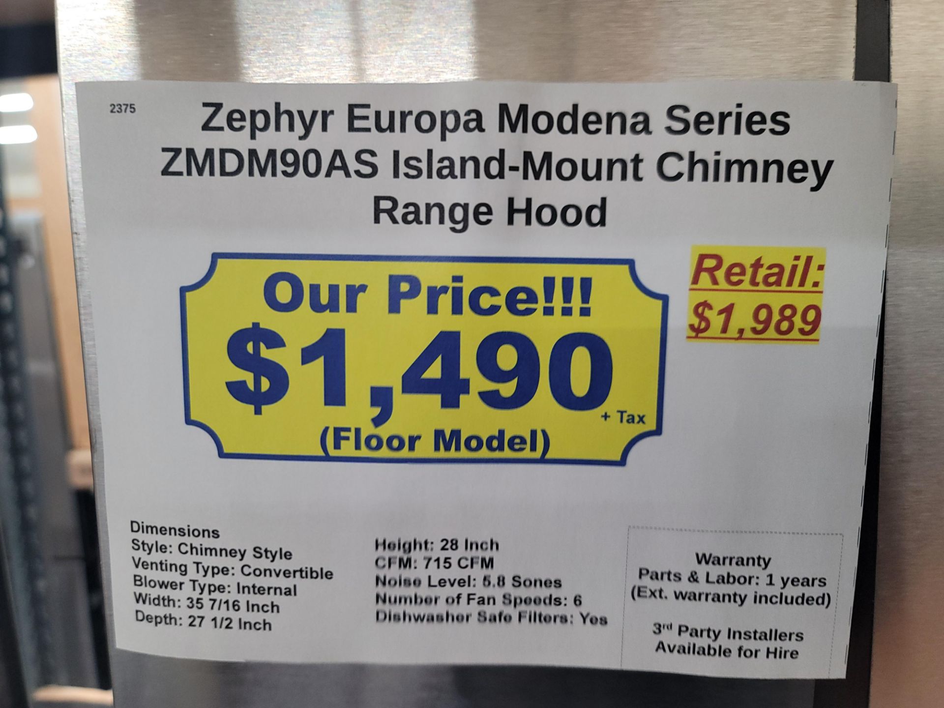 ZEPHYR EUROPA MODENA SERIES 36" ISLAND-MOUNT CHIMNEY RANGE HOOD, MODEL ZMDM90AS - Image 3 of 3